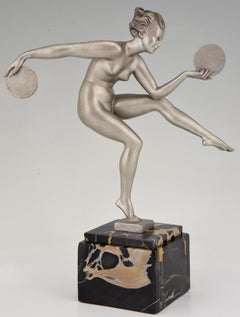 Art Deco Sculpture Nude Disc Dancer Derenne Marcel Bouraine, France, 1930