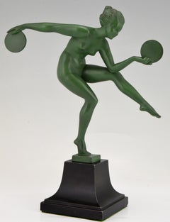 Art Deco Sculpture Nude Disc Dancer Derenne, Marcel Bouraine, France, 1930
