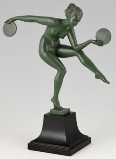 Art Deco Sculpture Nude Disc Dancer Derenne, Marcel Bouraine, France, 1930