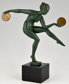 Art Deco sculpture nude disc dancer Derenne, Marcel Bouraine France 1930