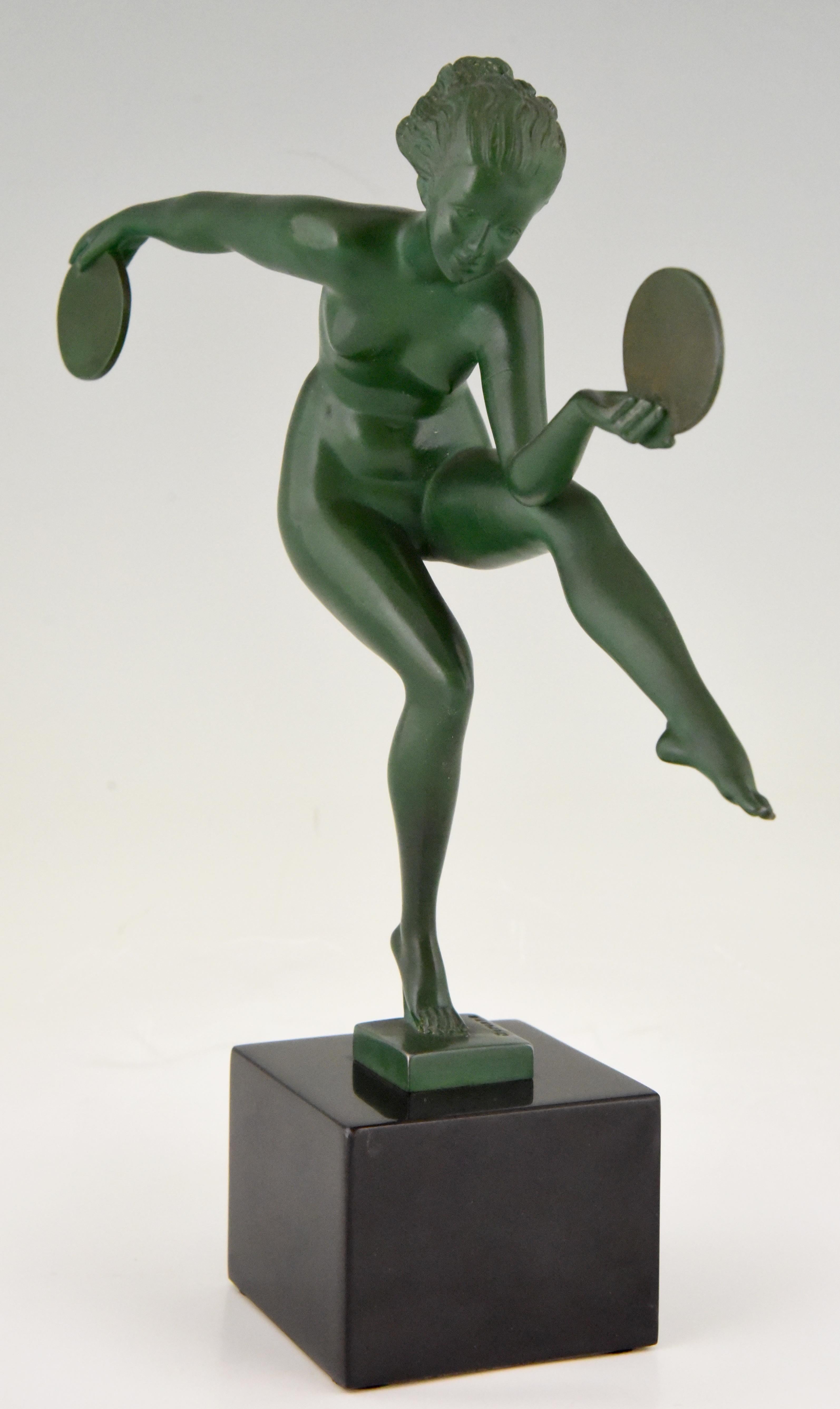 French Art Deco Sculpture Nude Disc Dancer Derenne Marcel Bouraine France 1930