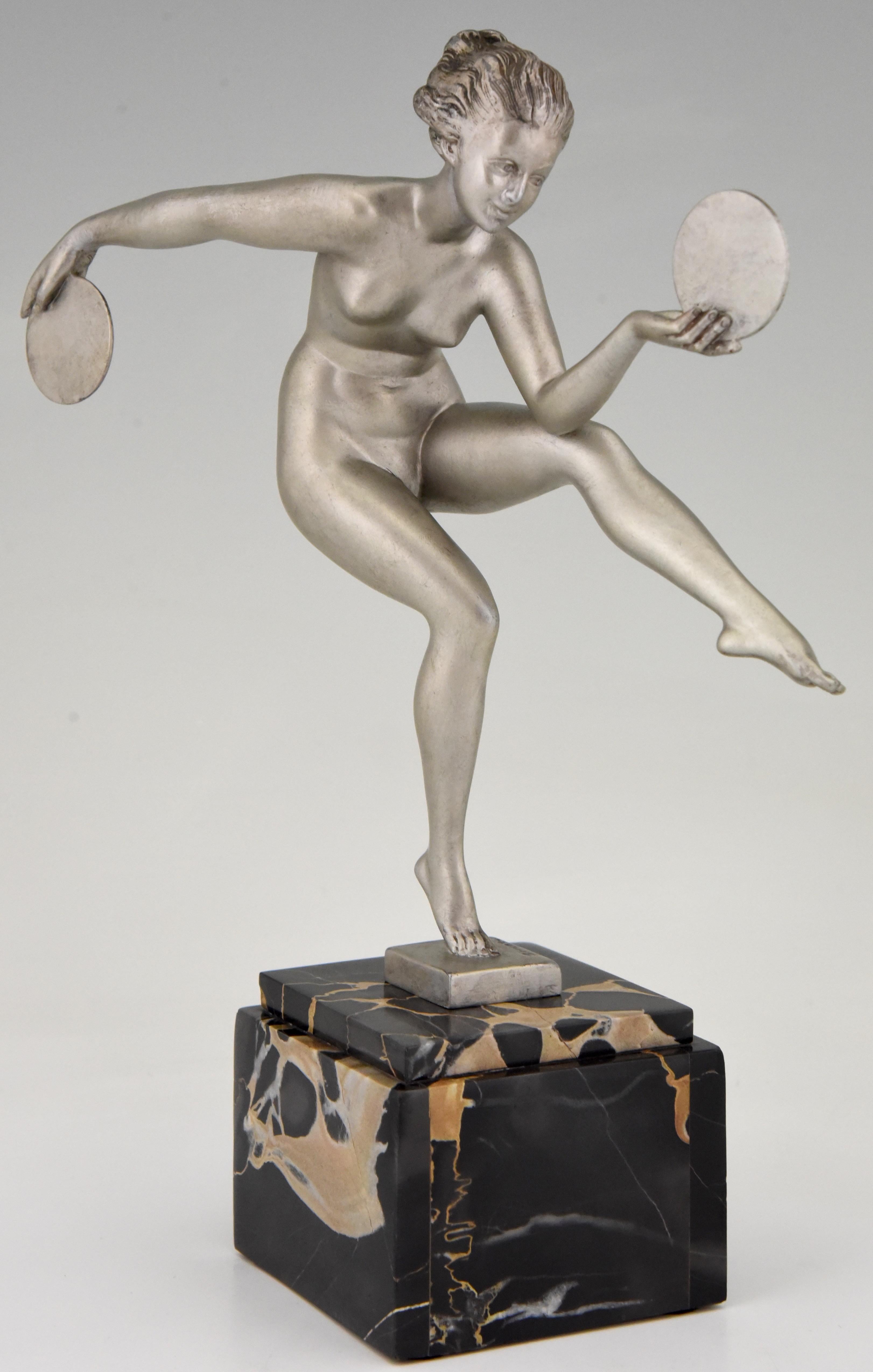 French Art Deco Sculpture Nude Disc Dancer Derenne Marcel Bouraine, France, 1930