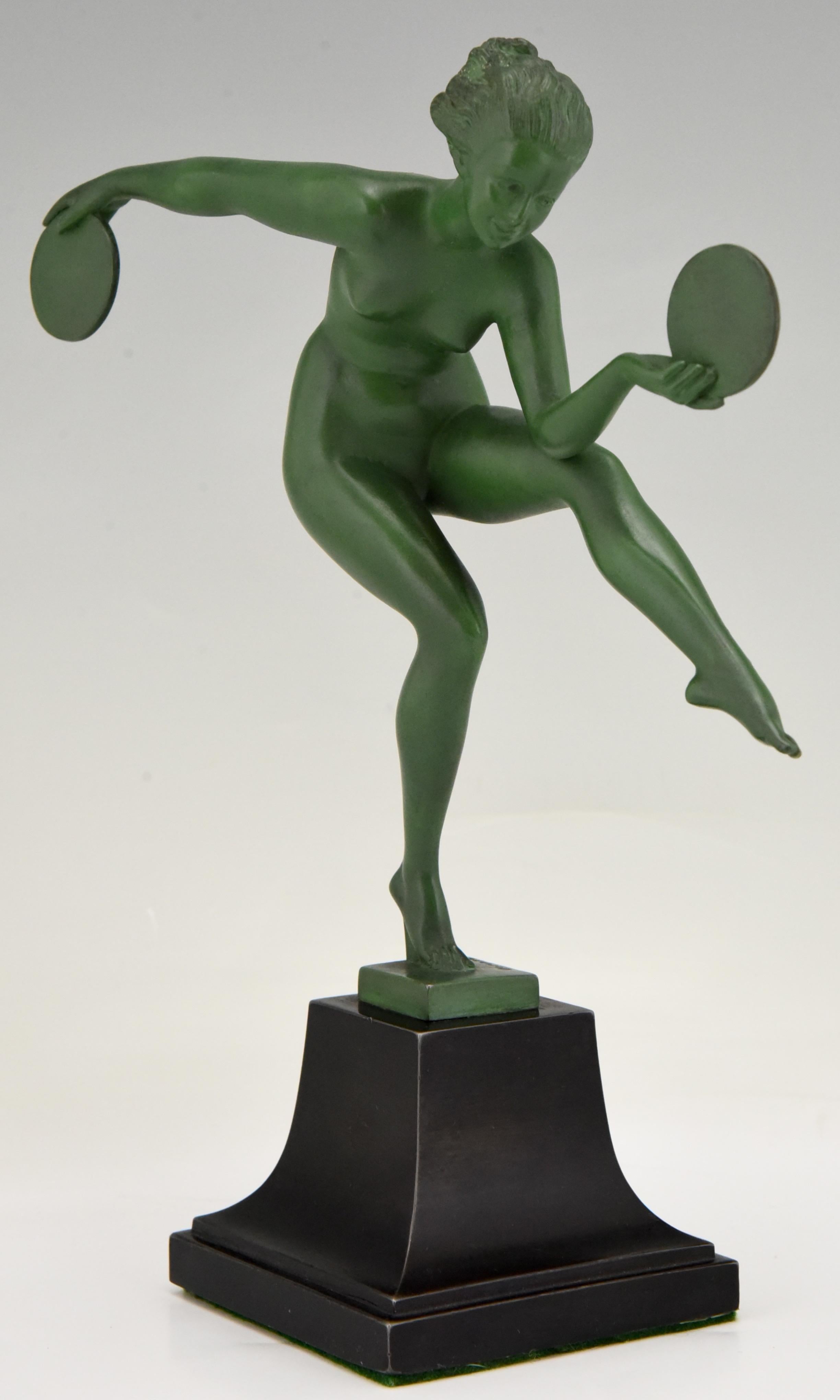 French Art Deco Sculpture Nude Disc Dancer Derenne, Marcel Bouraine, France, 1930