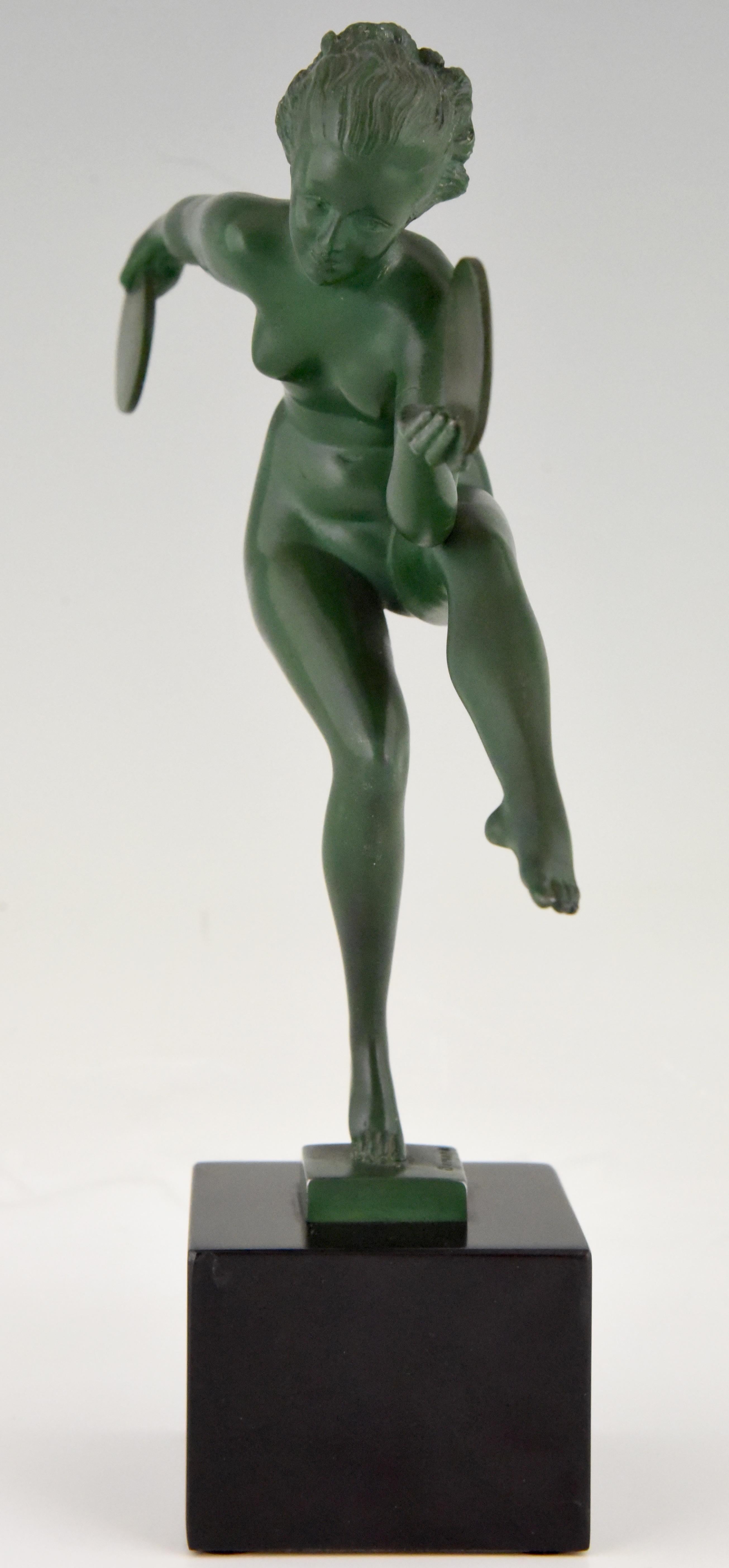 Patinated Art Deco Sculpture Nude Disc Dancer Derenne Marcel Bouraine France 1930