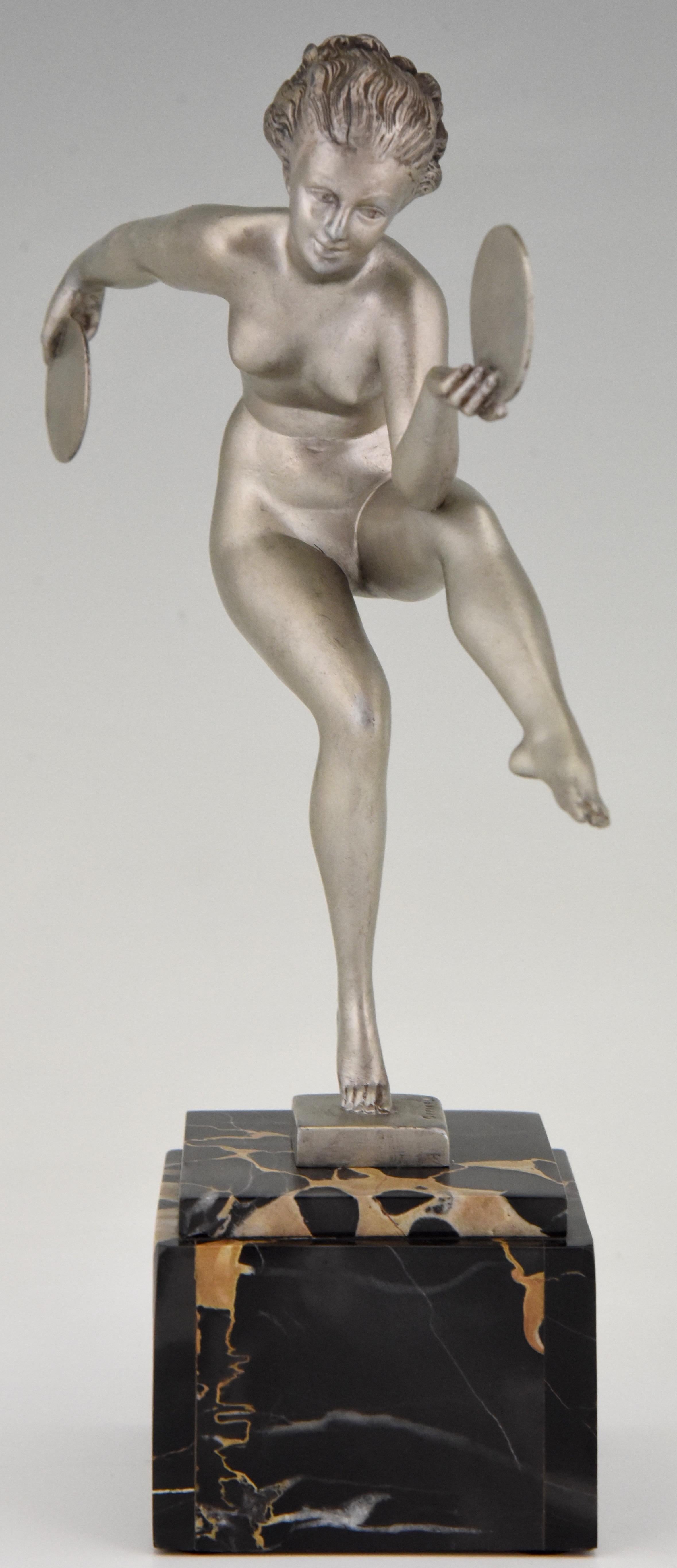 Art Deco Sculpture Nude Disc Dancer Derenne Marcel Bouraine, France, 1930 In Good Condition In Antwerp, BE