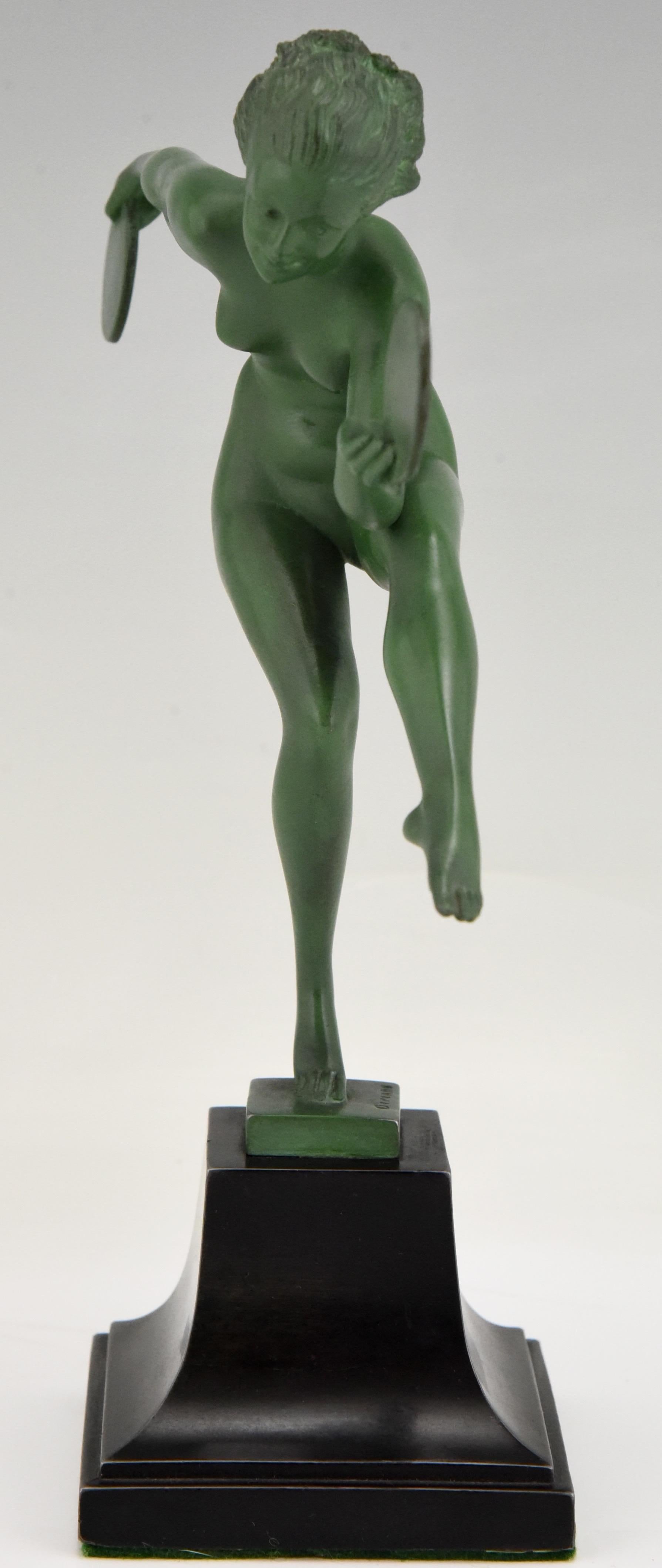 Patinated Art Deco Sculpture Nude Disc Dancer Derenne, Marcel Bouraine, France, 1930