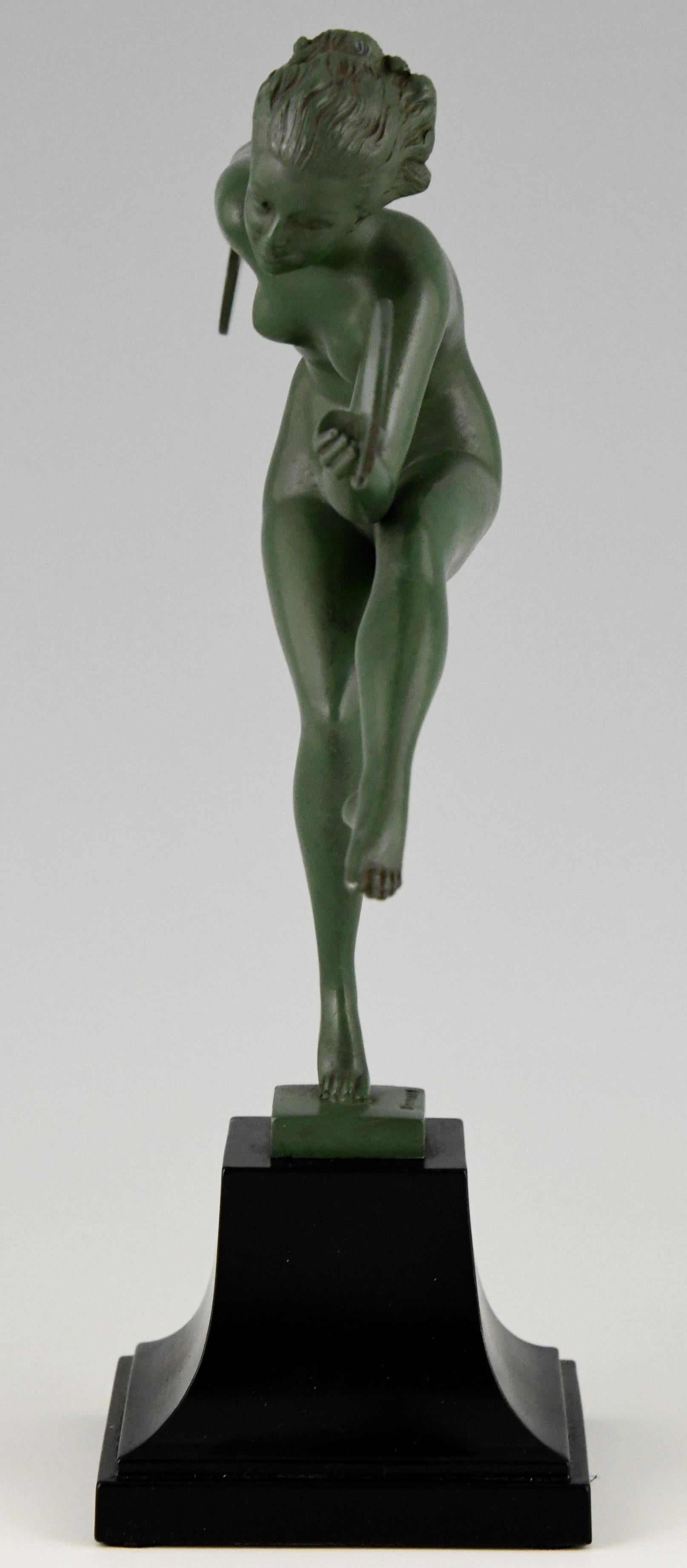Patinated Art Deco Sculpture Nude Disc Dancer Derenne, Marcel Bouraine, France, 1930
