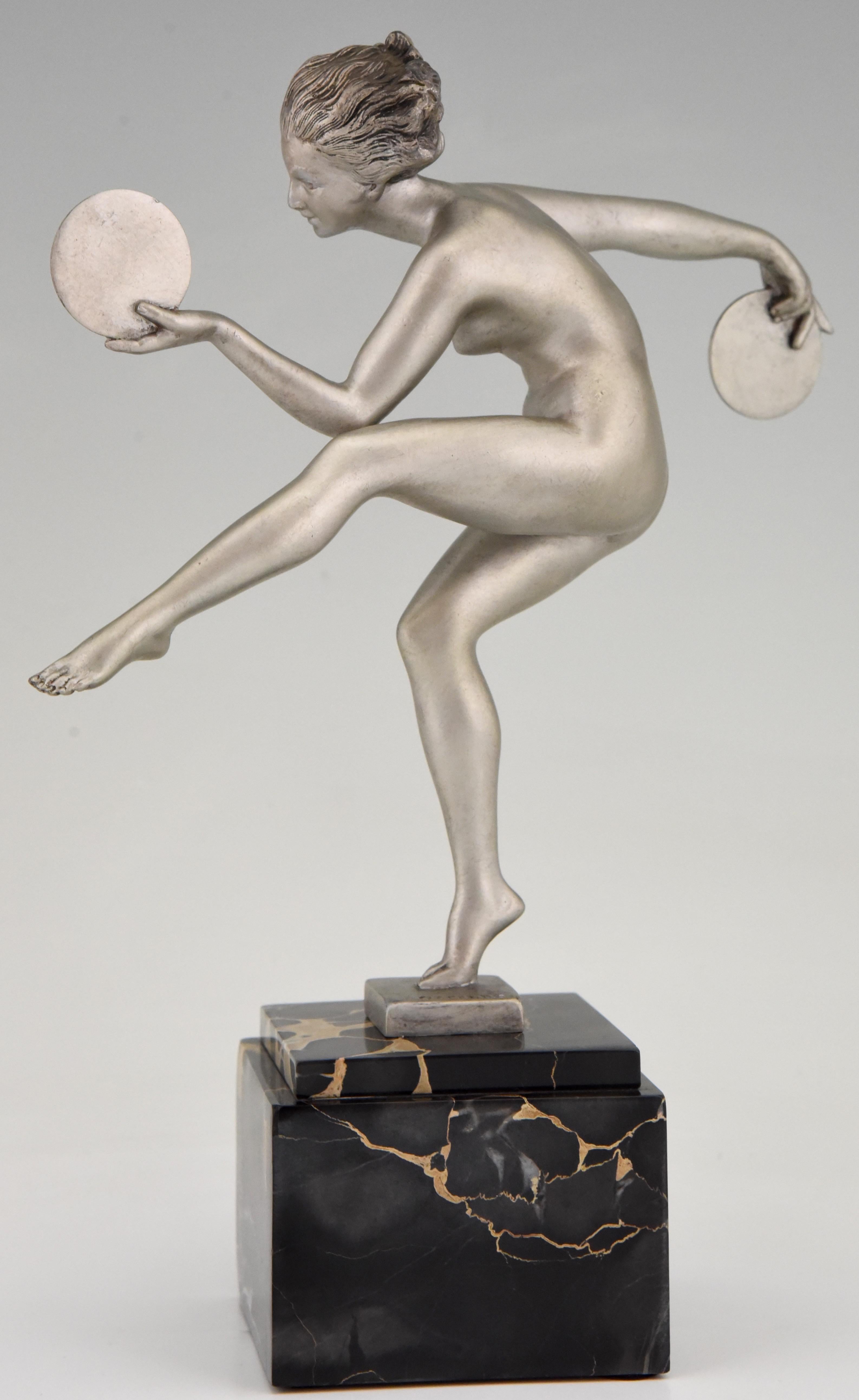 Mid-20th Century Art Deco Sculpture Nude Disc Dancer Derenne Marcel Bouraine, France, 1930