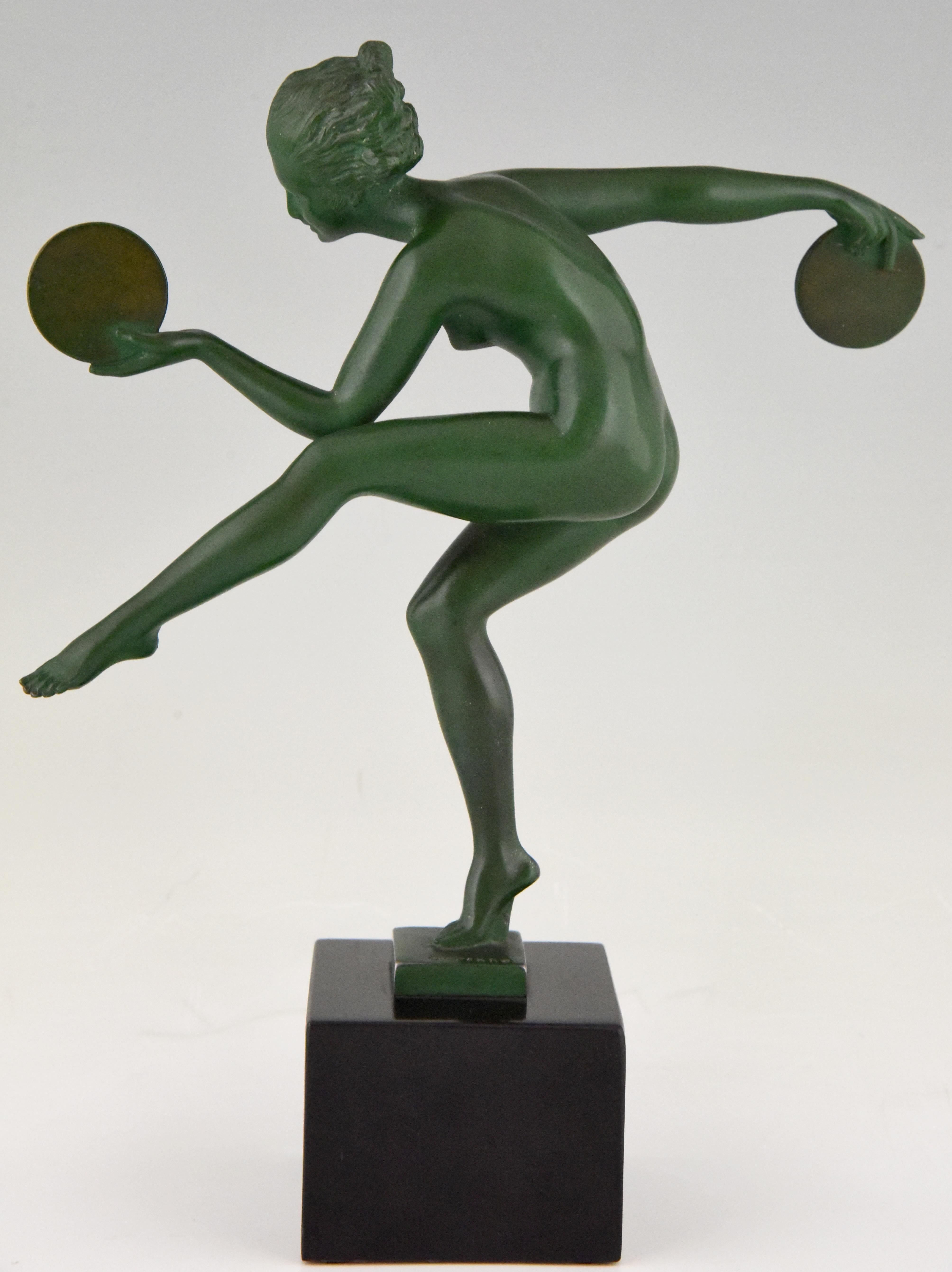 20th Century Art Deco Sculpture Nude Disc Dancer Derenne Marcel Bouraine France 1930