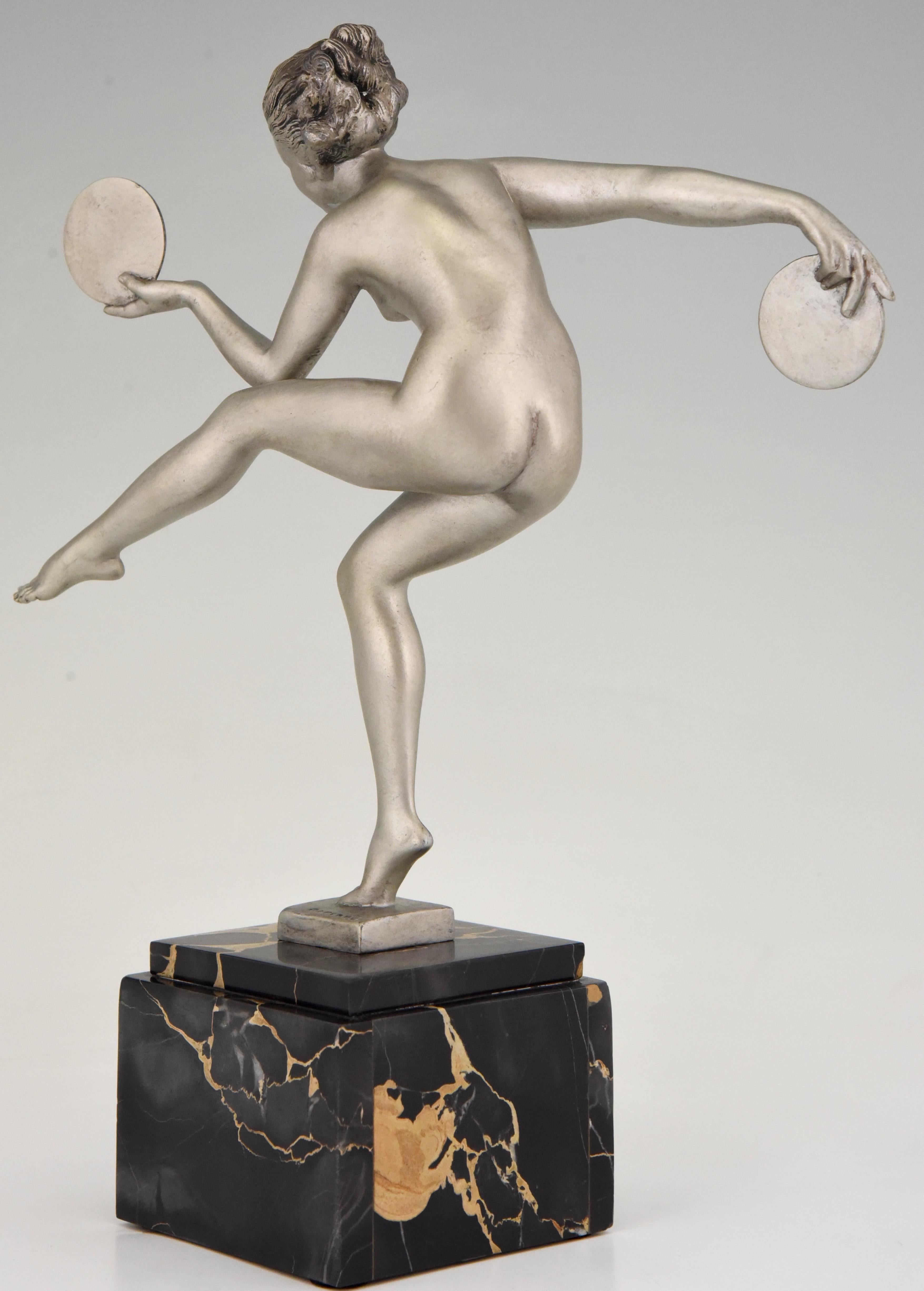 Metal Art Deco Sculpture Nude Disc Dancer Derenne Marcel Bouraine, France, 1930
