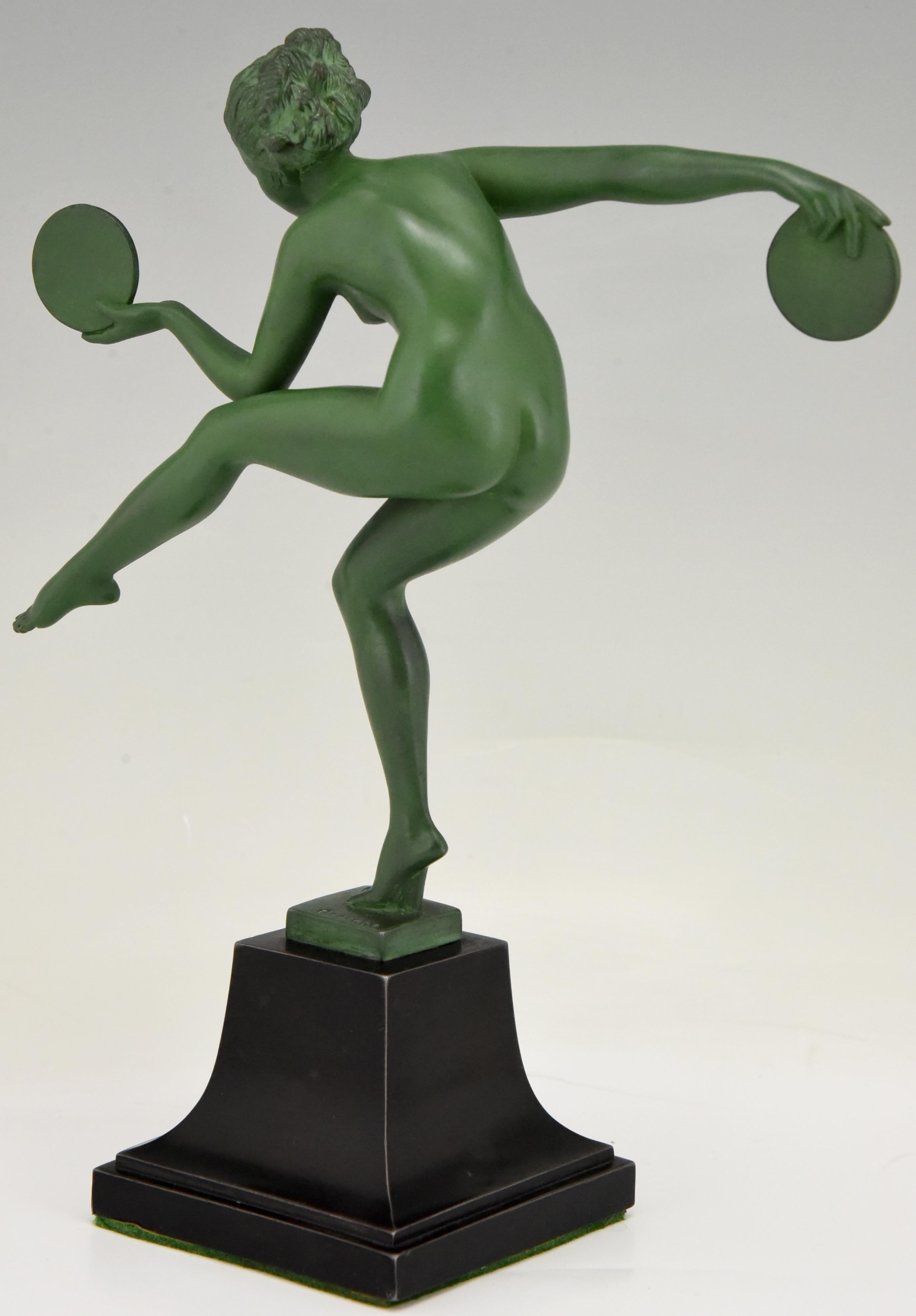 20th Century Art Deco Sculpture Nude Disc Dancer Derenne, Marcel Bouraine, France, 1930
