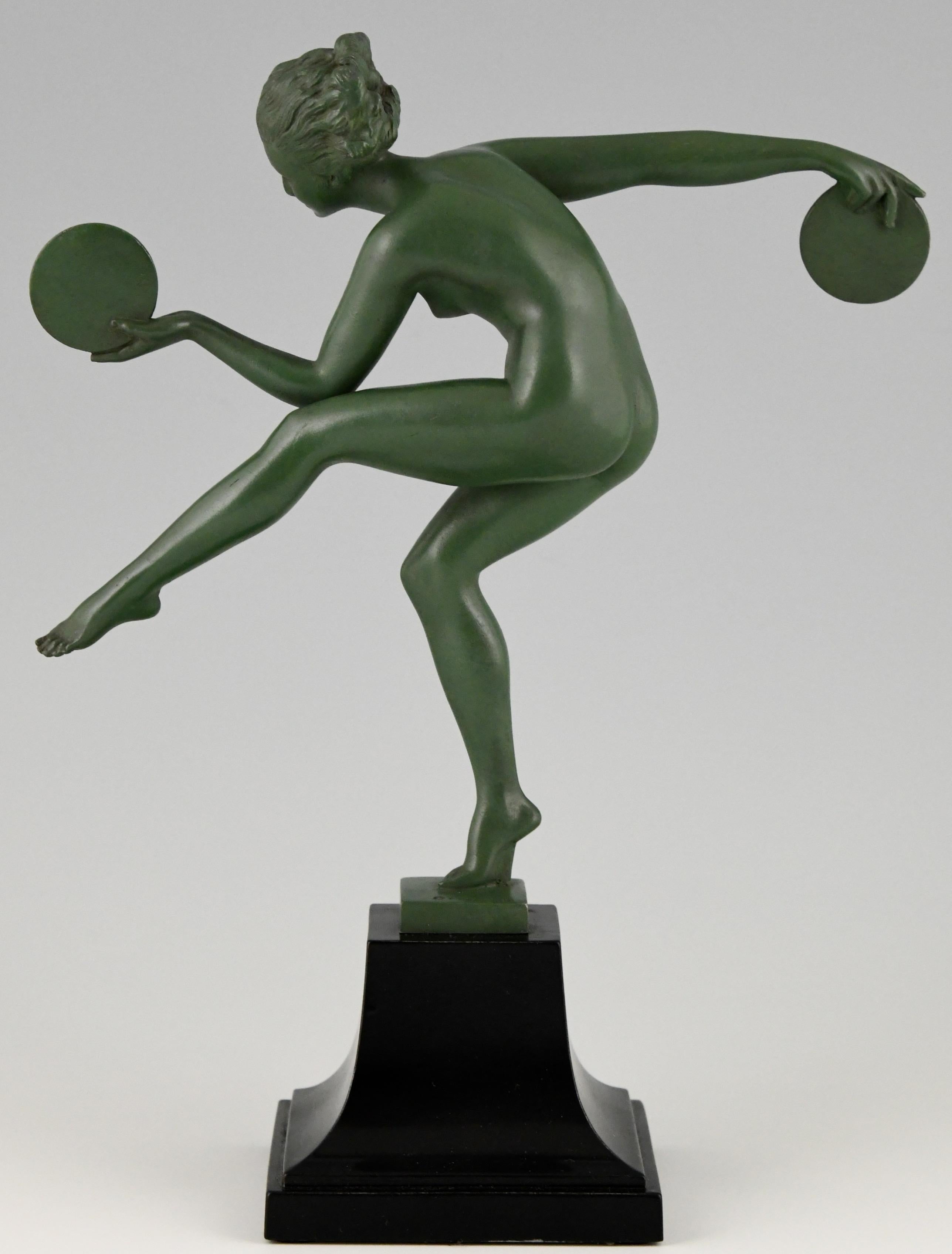 Mid-20th Century Art Deco Sculpture Nude Disc Dancer Derenne, Marcel Bouraine, France, 1930