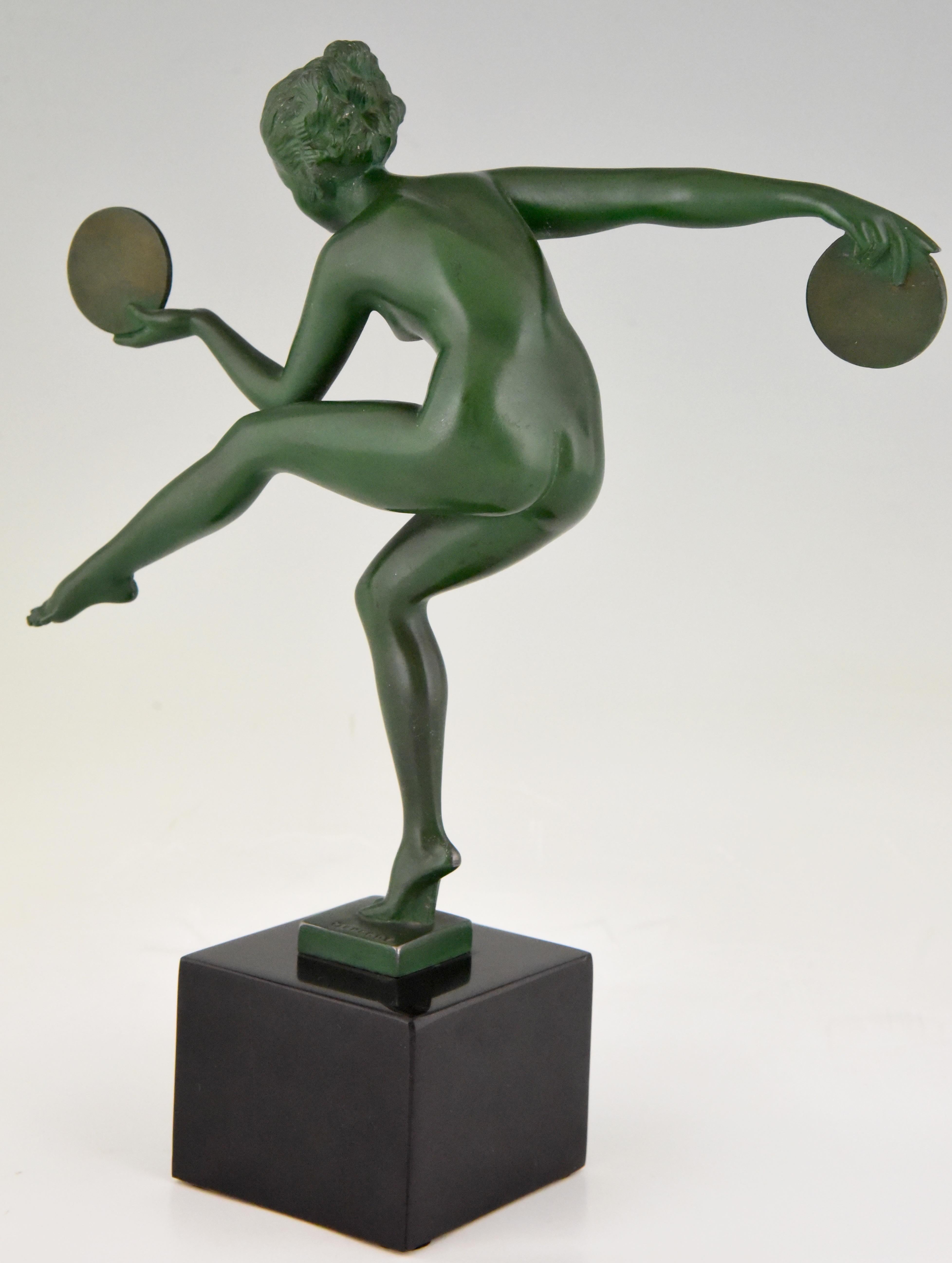 Metal Art Deco Sculpture Nude Disc Dancer Derenne Marcel Bouraine France 1930