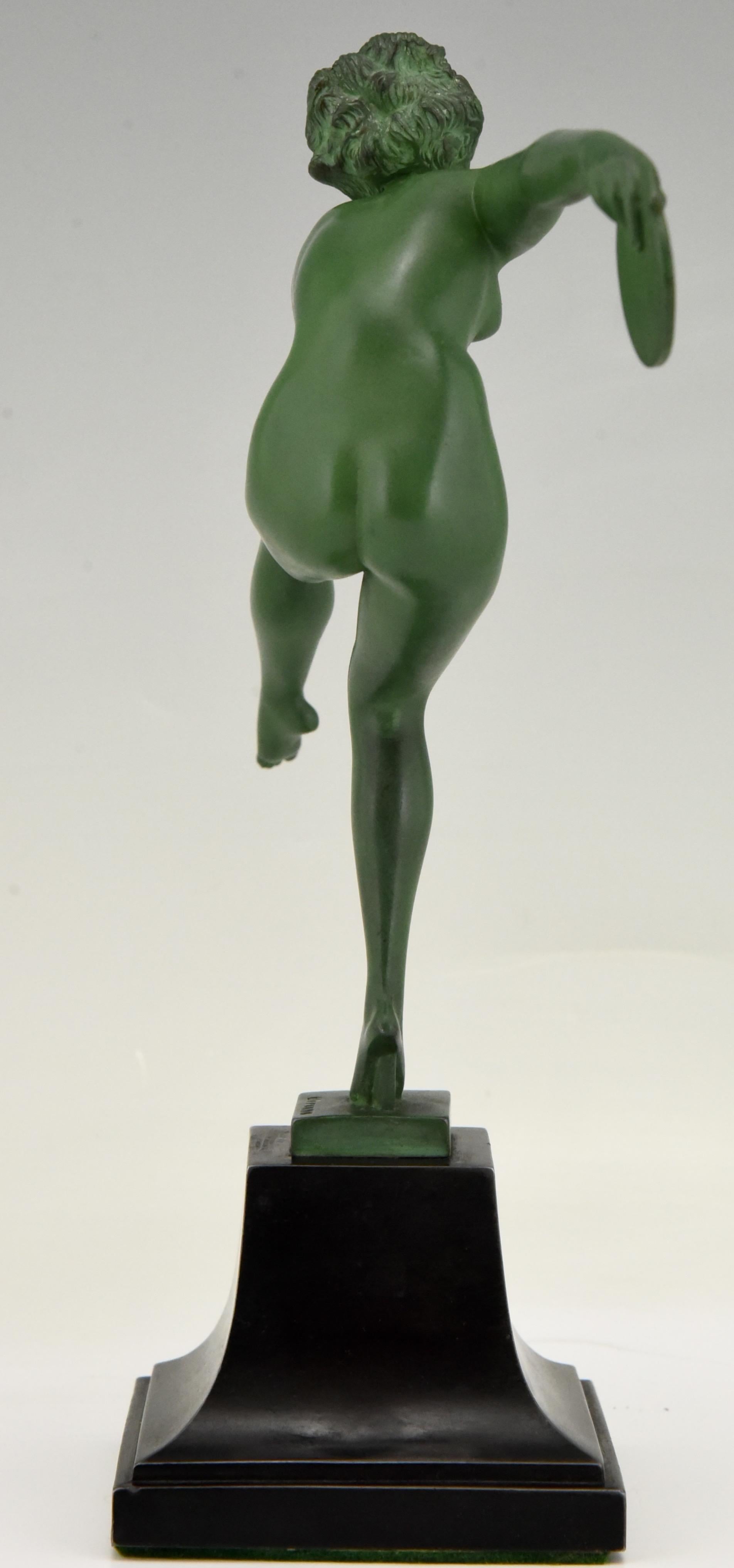 Metal Art Deco Sculpture Nude Disc Dancer Derenne, Marcel Bouraine, France, 1930
