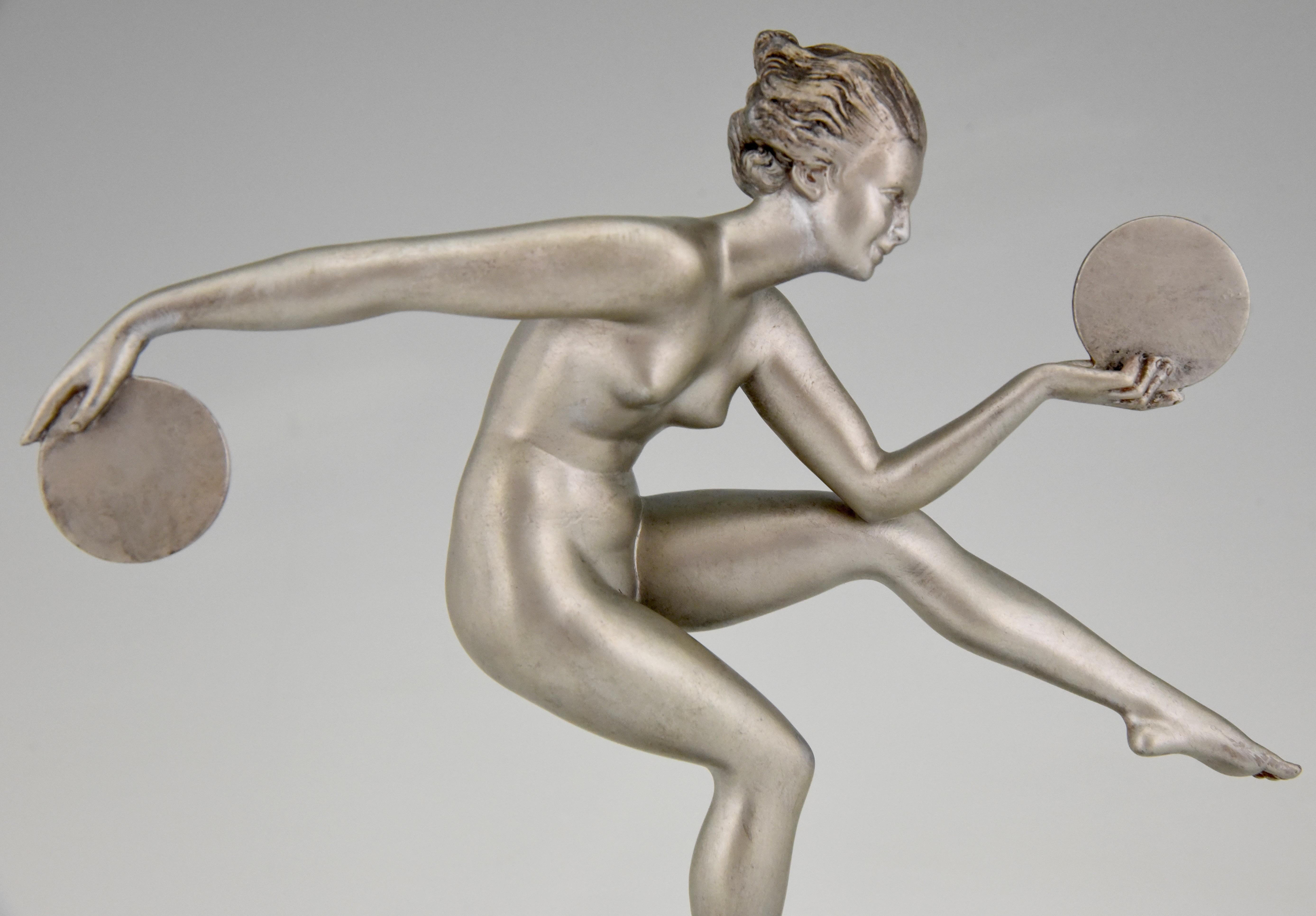 Art Deco Sculpture Nude Disc Dancer Derenne Marcel Bouraine, France, 1930 3
