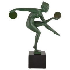 Art Deco Sculpture Nude Disc Dancer Derenne Marcel Bouraine France 1930