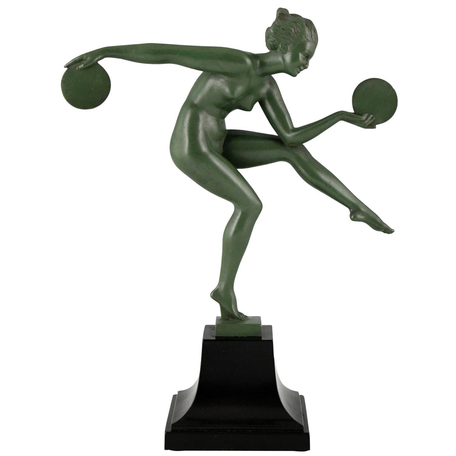 Art Deco Sculpture Nude Disc Dancer Derenne, Marcel Bouraine, France, 1930