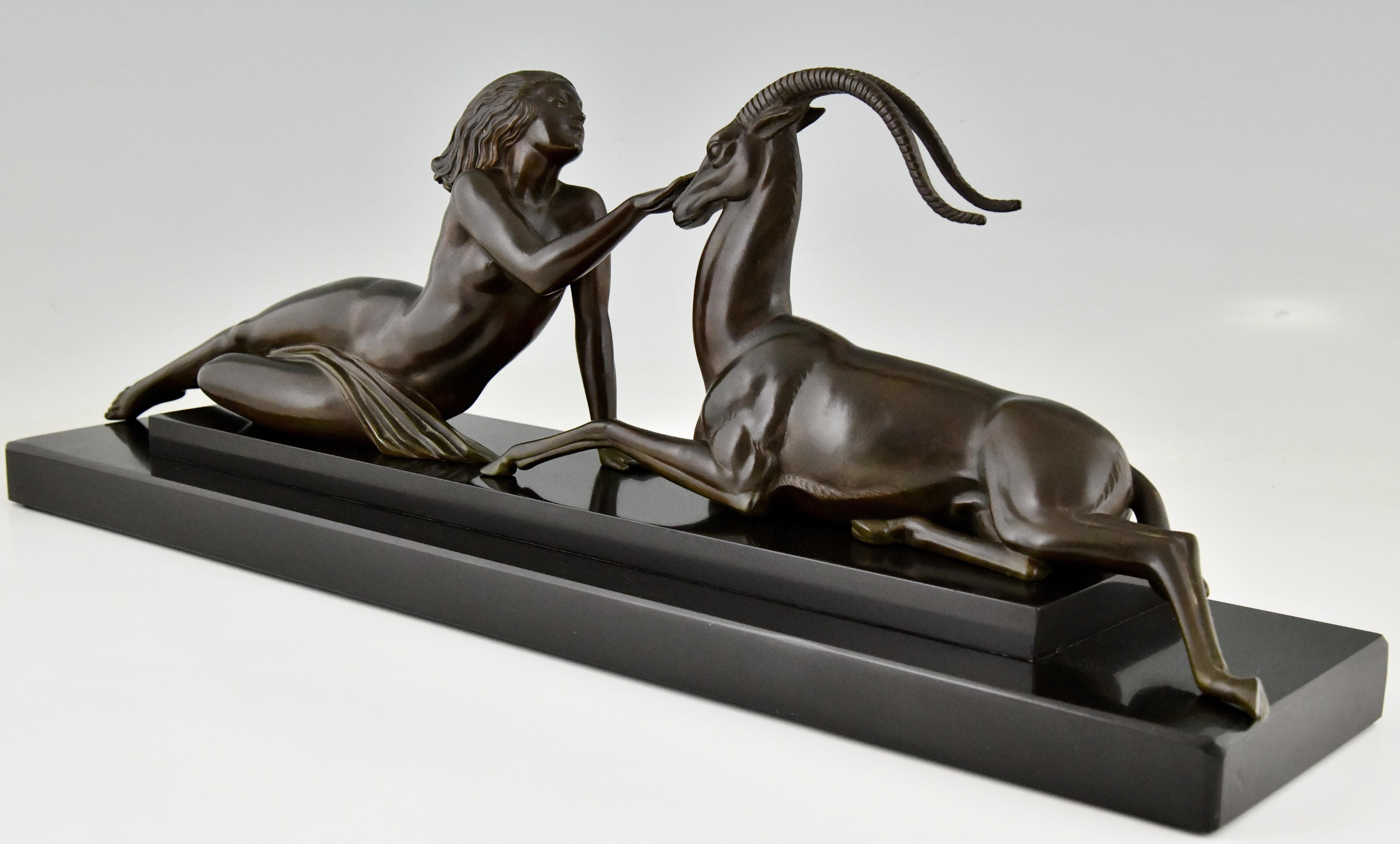 French Art Deco Sculpture Nude & Gazelle Seduction Fayral Le Faguays, Le Verrier 1930