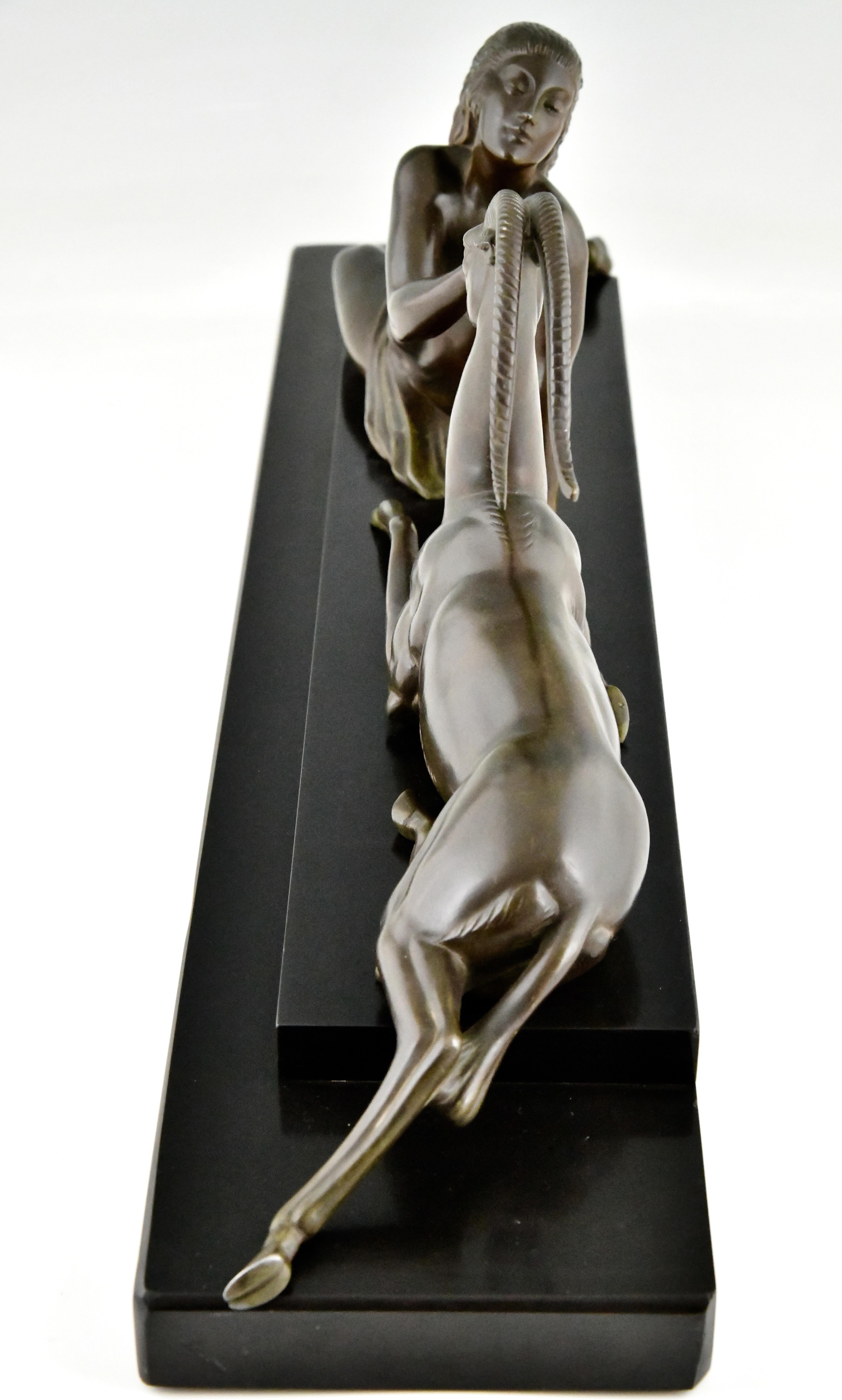 Patinated Art Deco Sculpture Nude & Gazelle Seduction Fayral Le Faguays, Le Verrier 1930