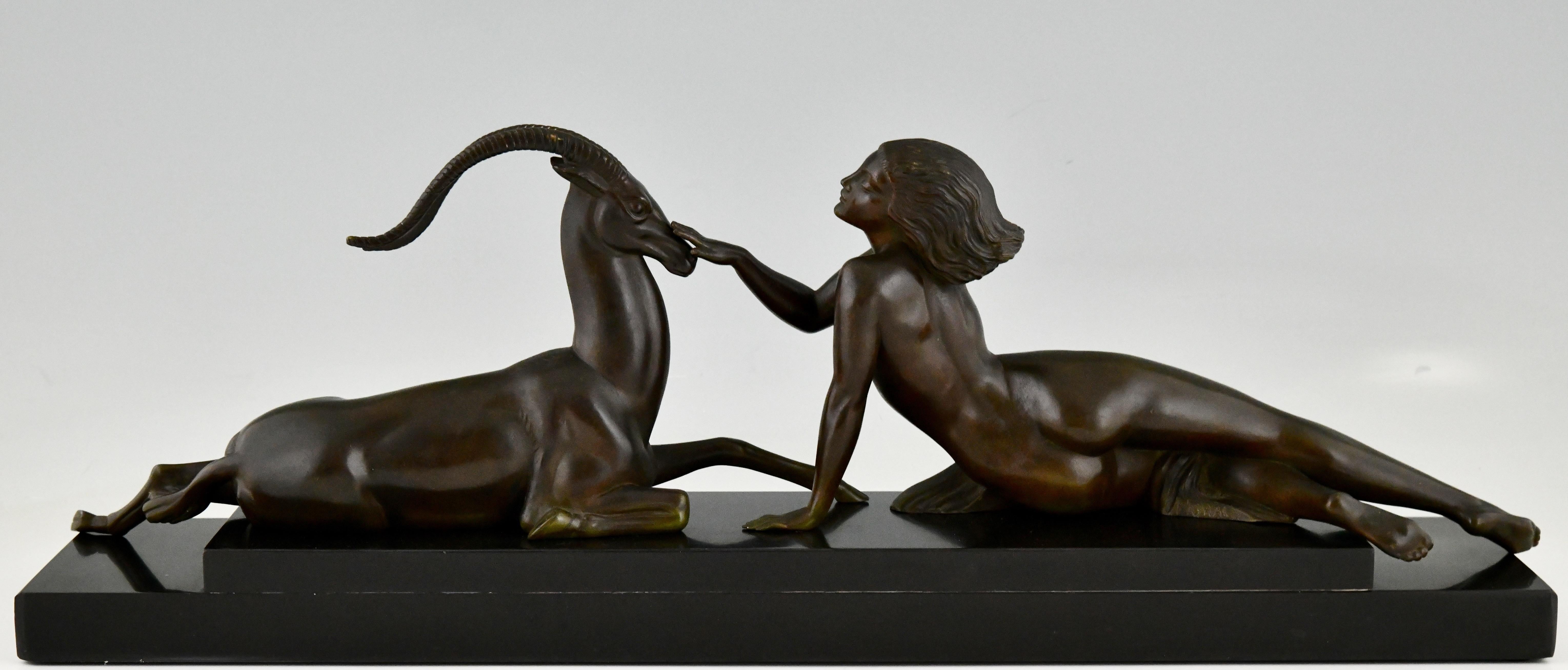 Mid-20th Century Art Deco Sculpture Nude & Gazelle Seduction Fayral Le Faguays, Le Verrier 1930