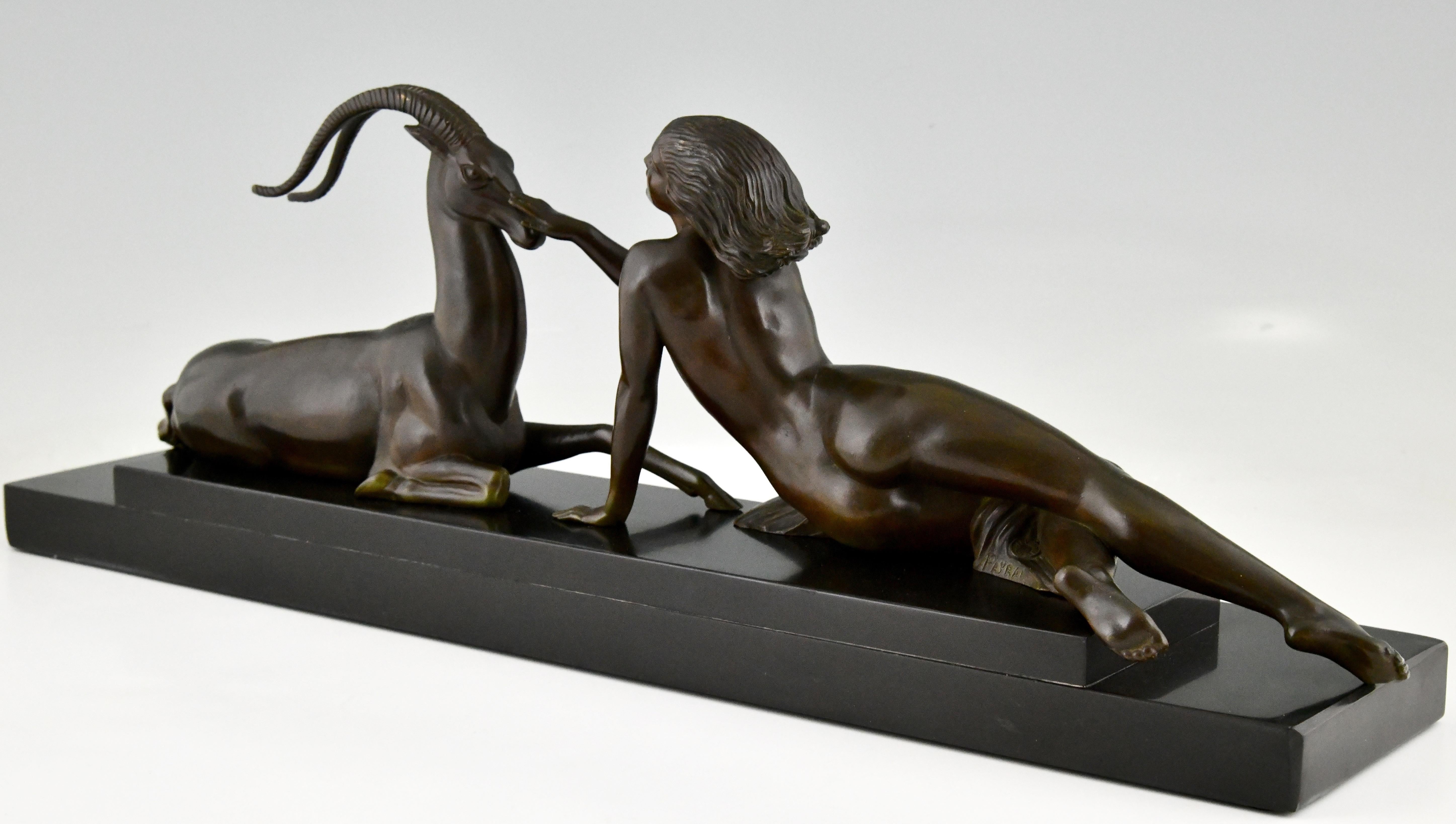 Belgian Black Marble Art Deco Sculpture Nude & Gazelle Seduction Fayral Le Faguays, Le Verrier 1930