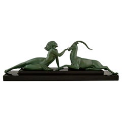 Art Deco Sculpture Nude & Gazelle Seduction Fayral Le Faguays M. Le Verrier 1930