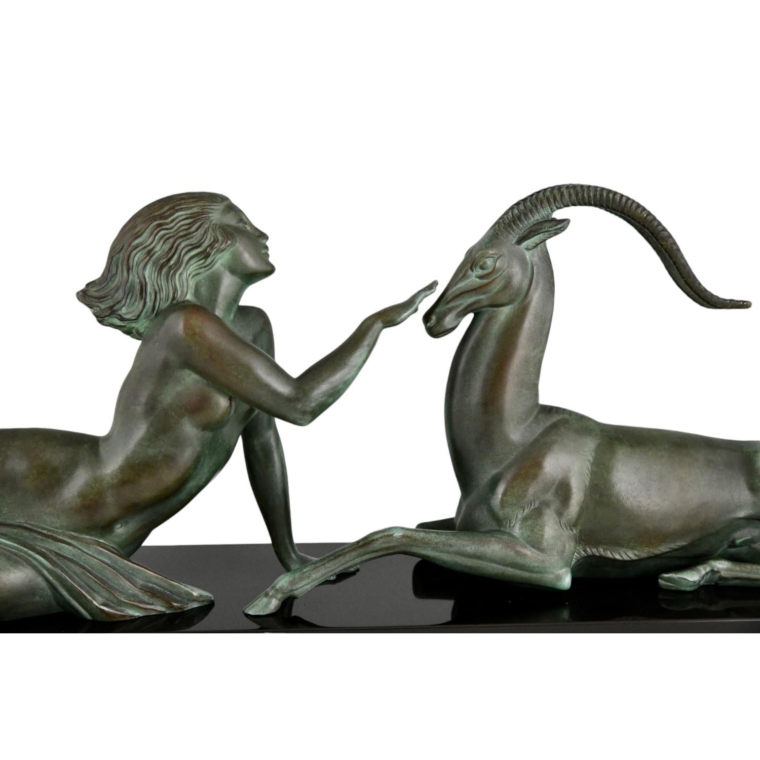 Sculpture Art déco nue et gazelle séduction Fayral P. Le Faguays original 1930 3
