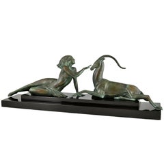 Sculpture Art déco nue et gazelle séduction Fayral P. Le Faguays original 1930