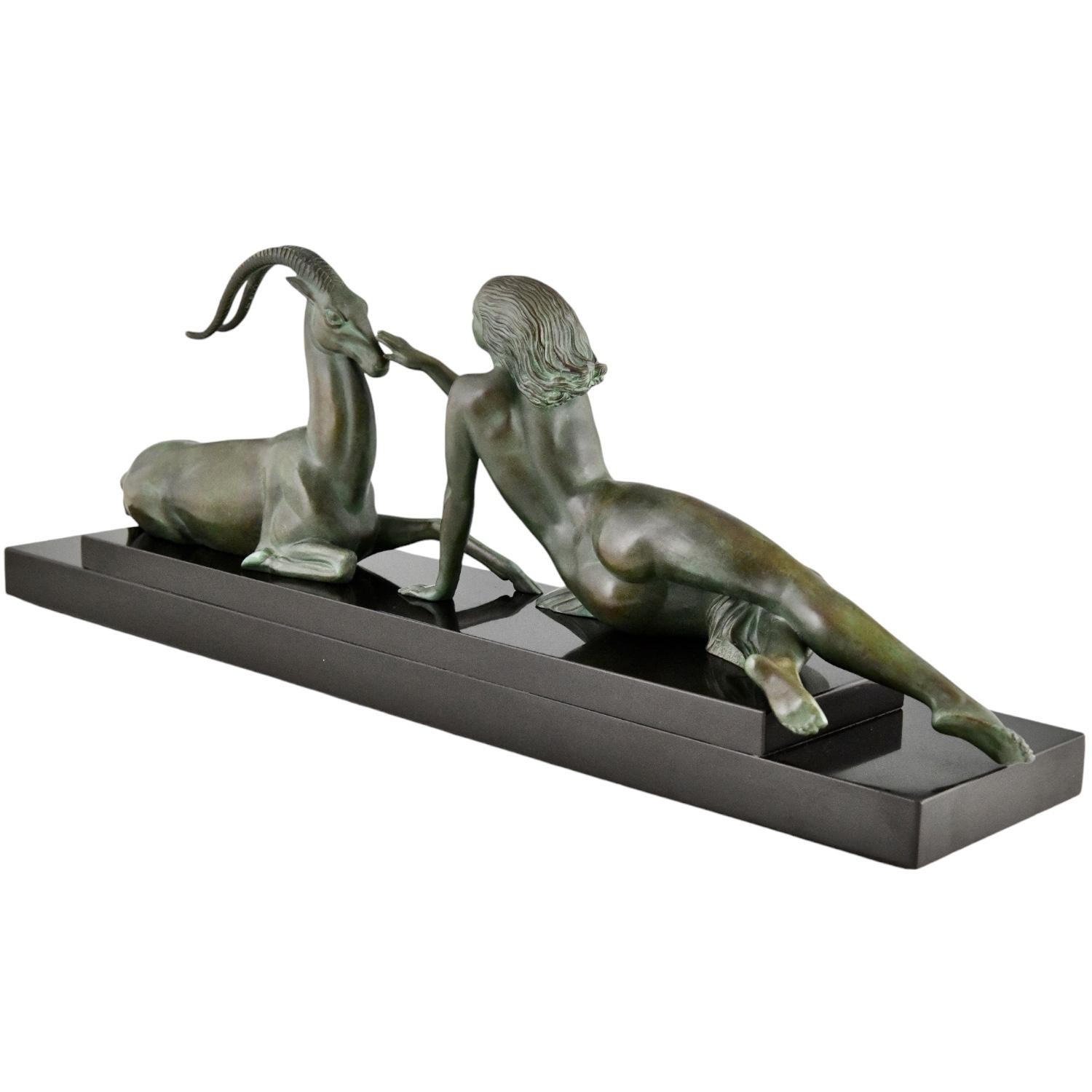 Métal Sculpture Art déco nue et gazelle séduction Fayral P. Le Faguays original 1930
