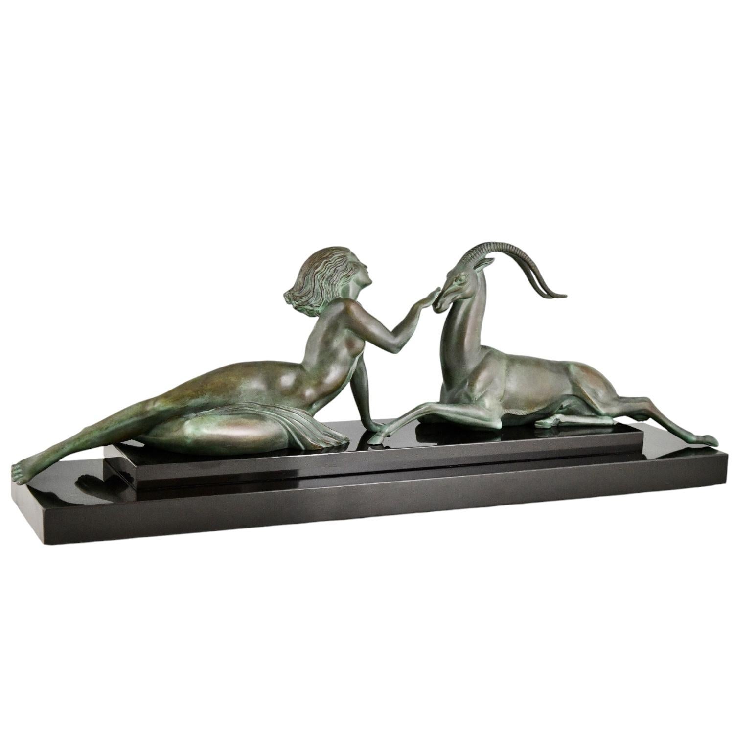 Sculpture Art déco nue et gazelle séduction Fayral P. Le Faguays original 1930 2