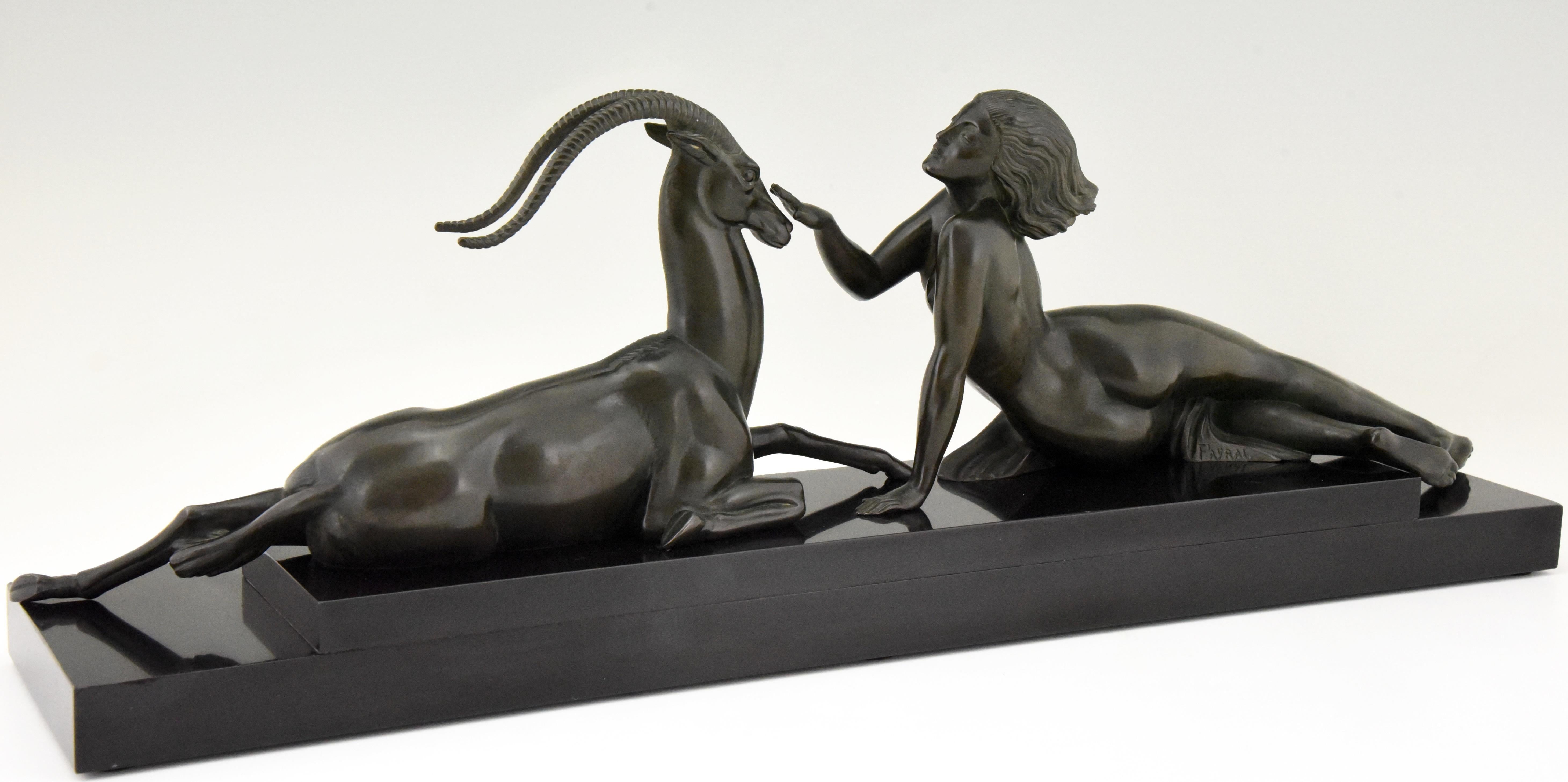 Patinated Art Deco sculpture nude & gazelle Seduction Fayral Pierre Le Faguays France 1930