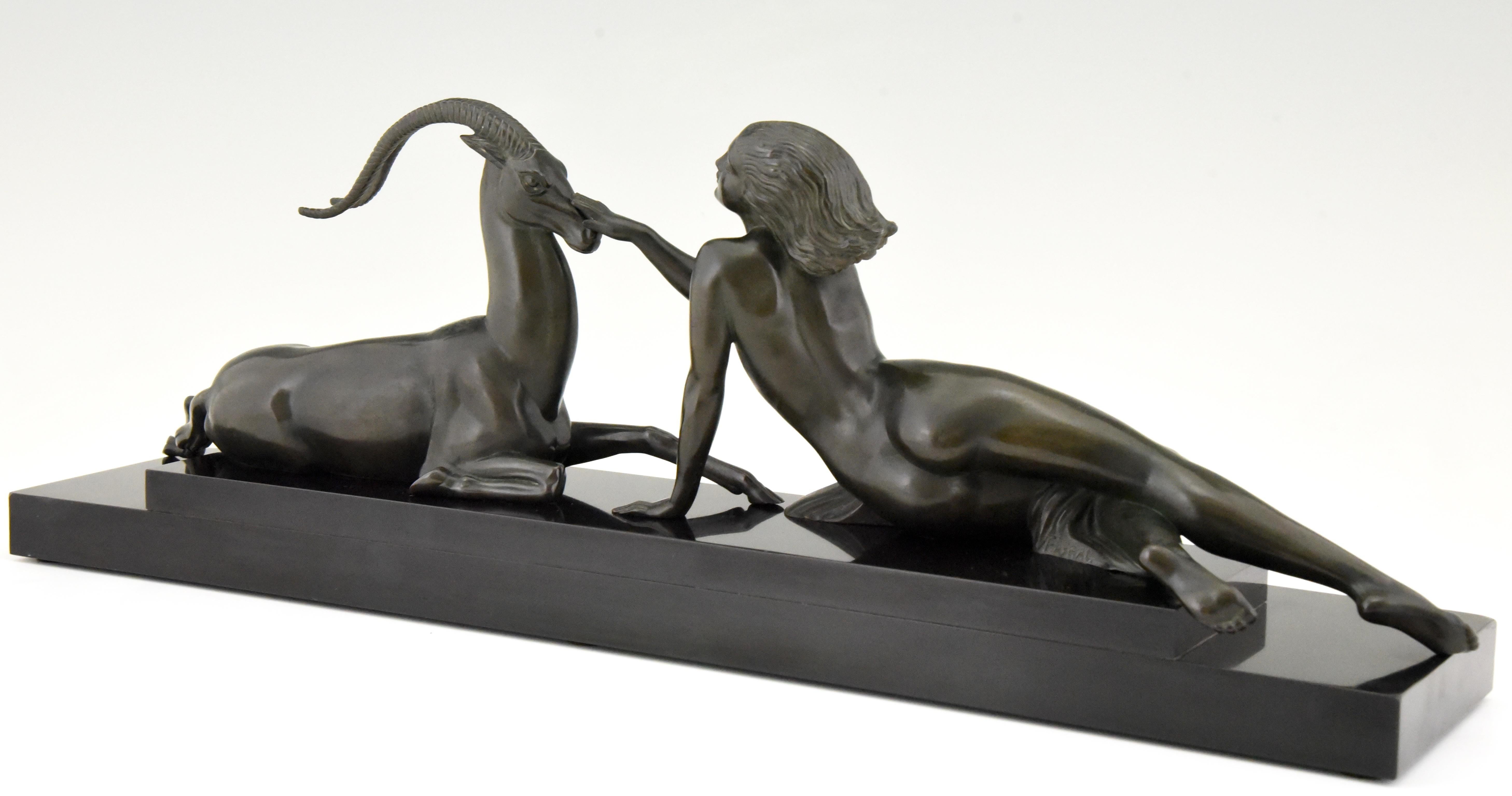 Art Deco sculpture nude & gazelle Seduction Fayral Pierre Le Faguays France 1930 In Good Condition In Antwerp, BE