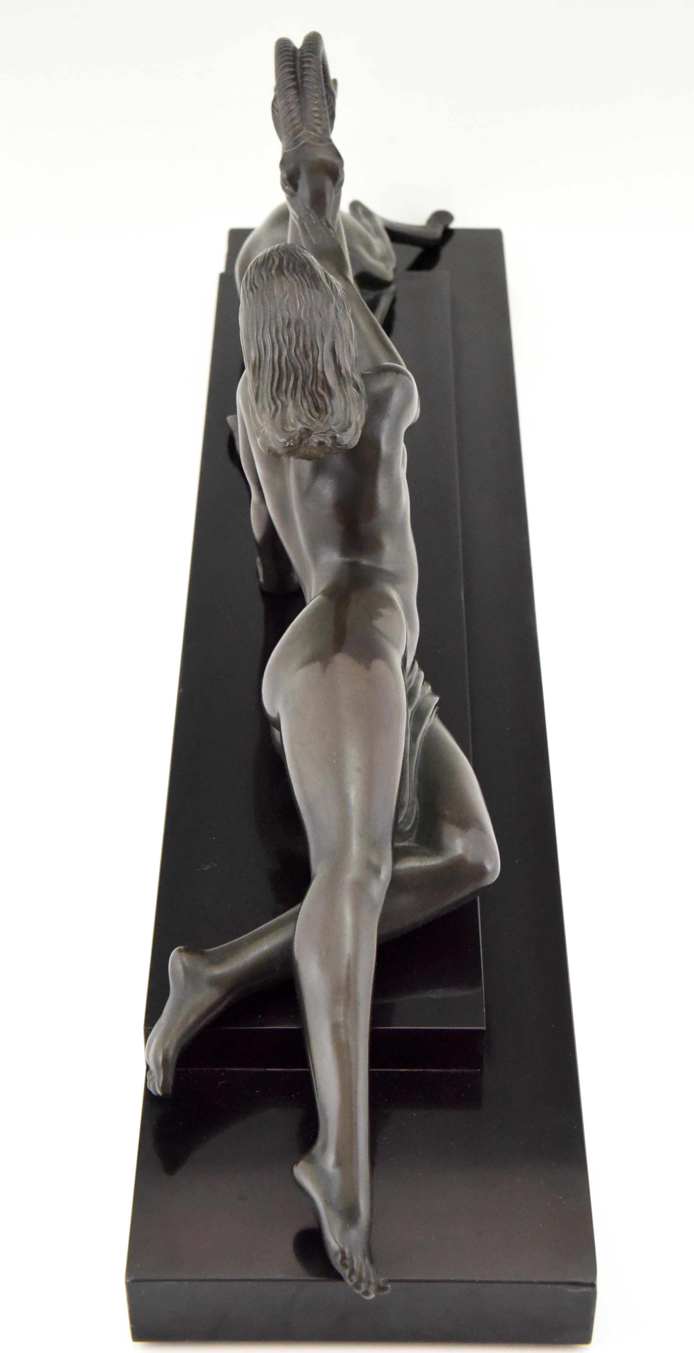 Mid-20th Century Art Deco sculpture nude & gazelle Seduction Fayral Pierre Le Faguays France 1930