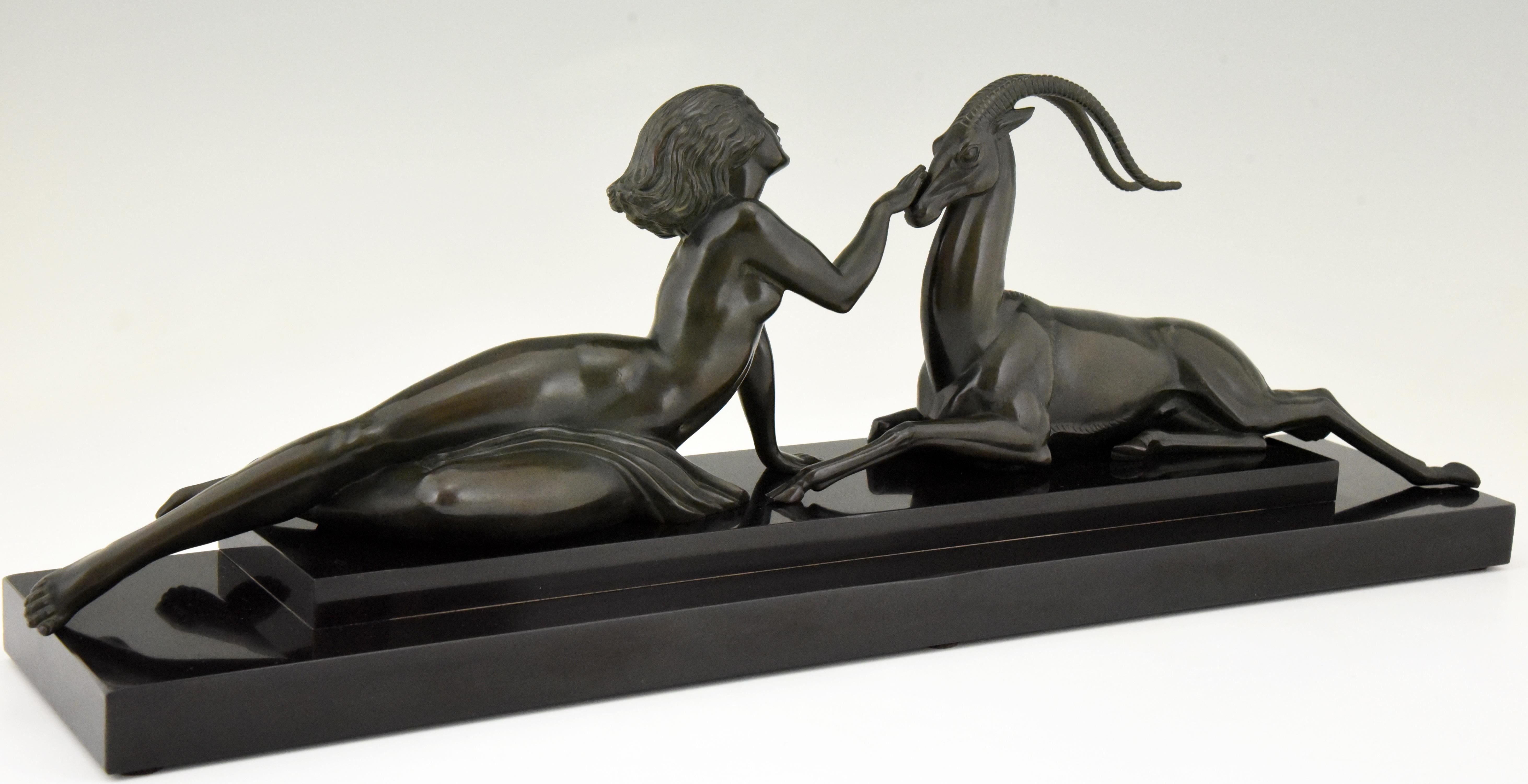 Metal Art Deco sculpture nude & gazelle Seduction Fayral Pierre Le Faguays France 1930