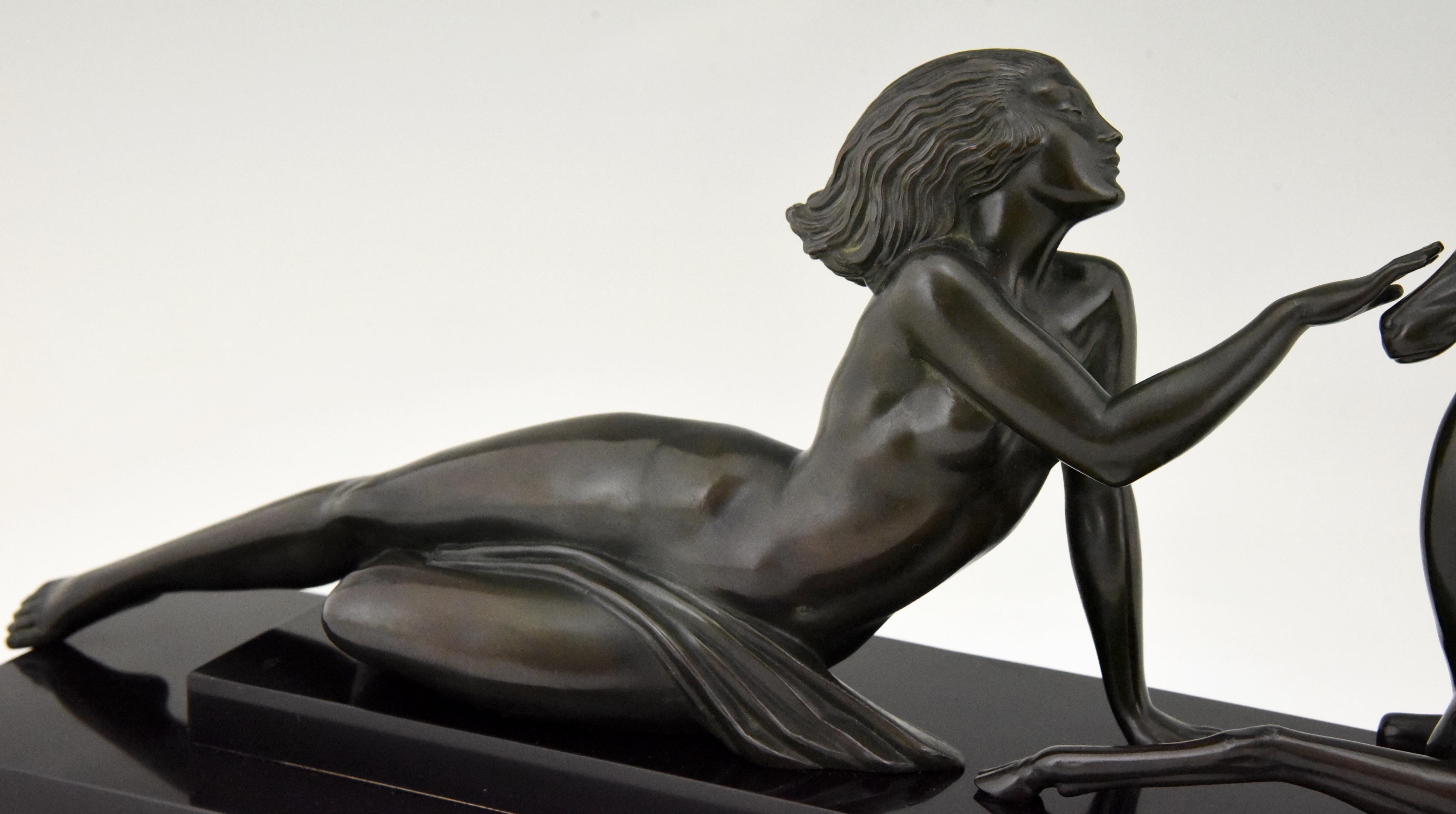 Art Deco sculpture nude & gazelle Seduction Fayral Pierre Le Faguays France 1930 1