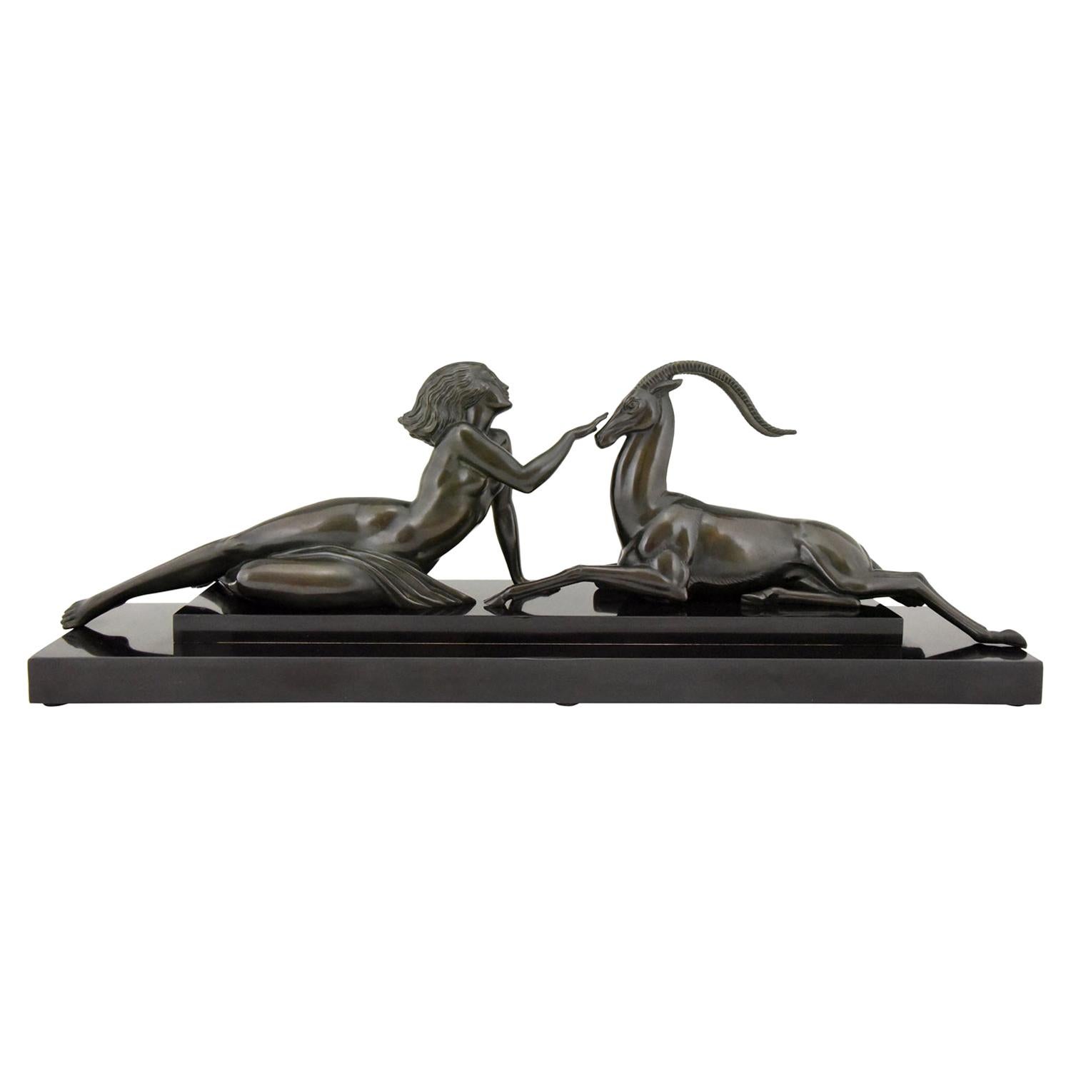 Art Deco sculpture nude & gazelle Seduction Fayral Pierre Le Faguays France 1930