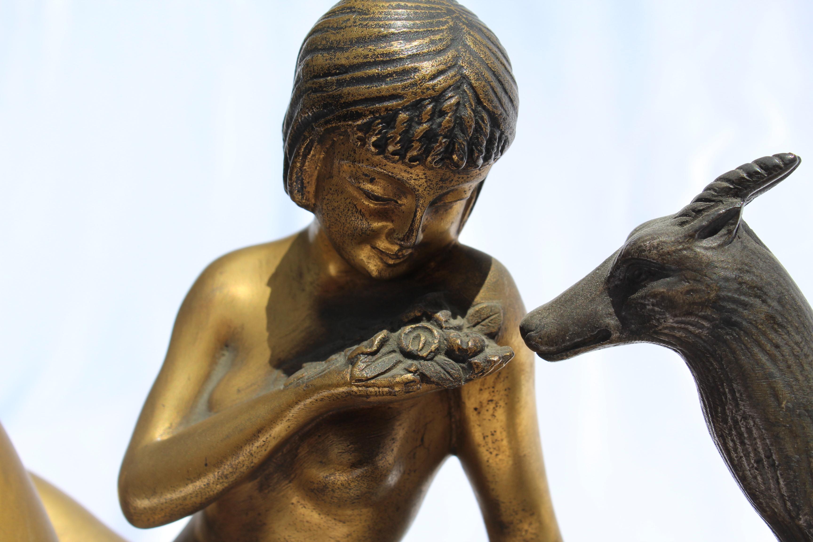 French Art Deco Sculpture Nude Girl with Goat Gold Patina Signed Renaud