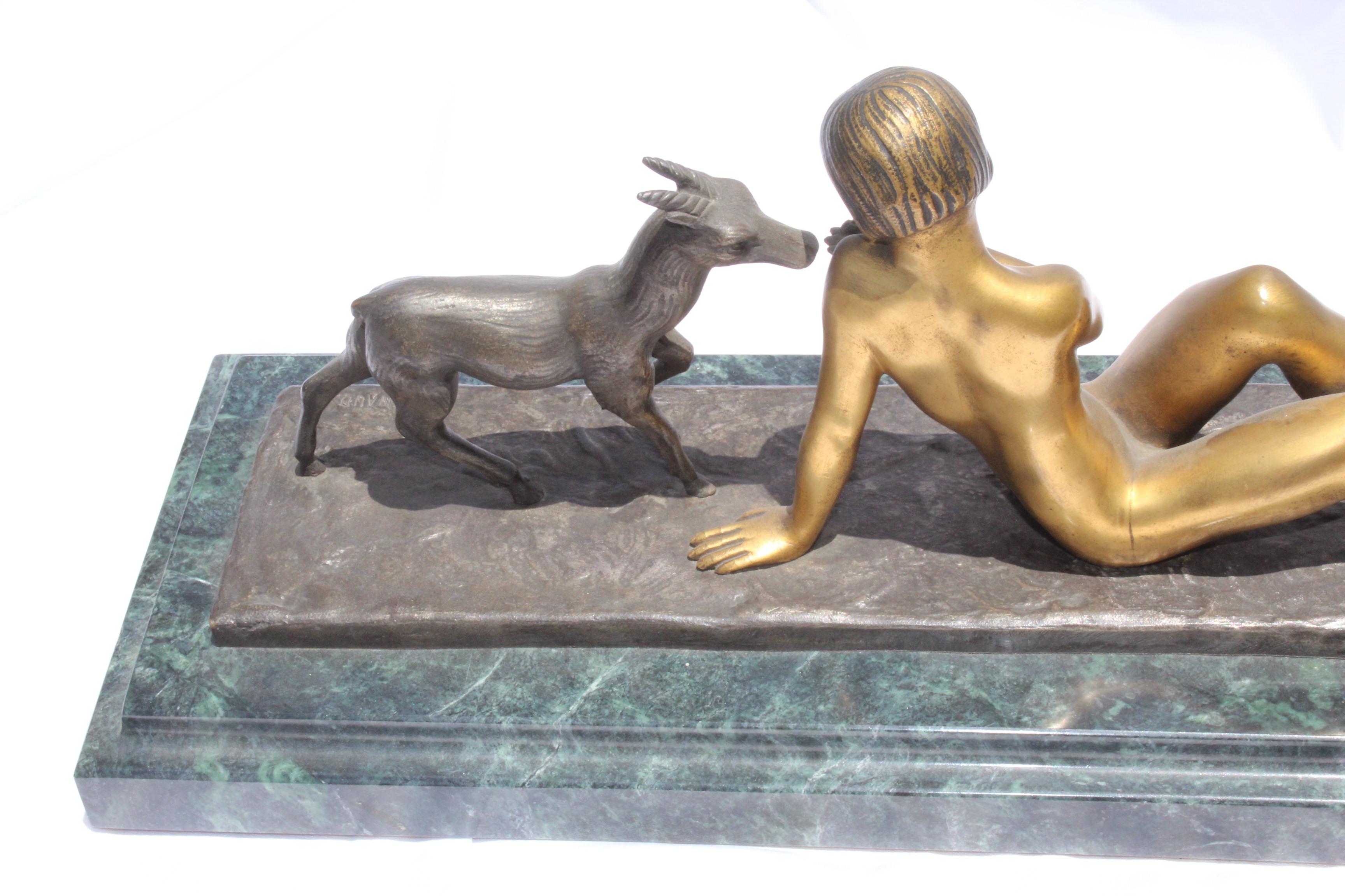 Cast Art Deco Sculpture Nude Girl with Goat Gold Patina Signed Renaud