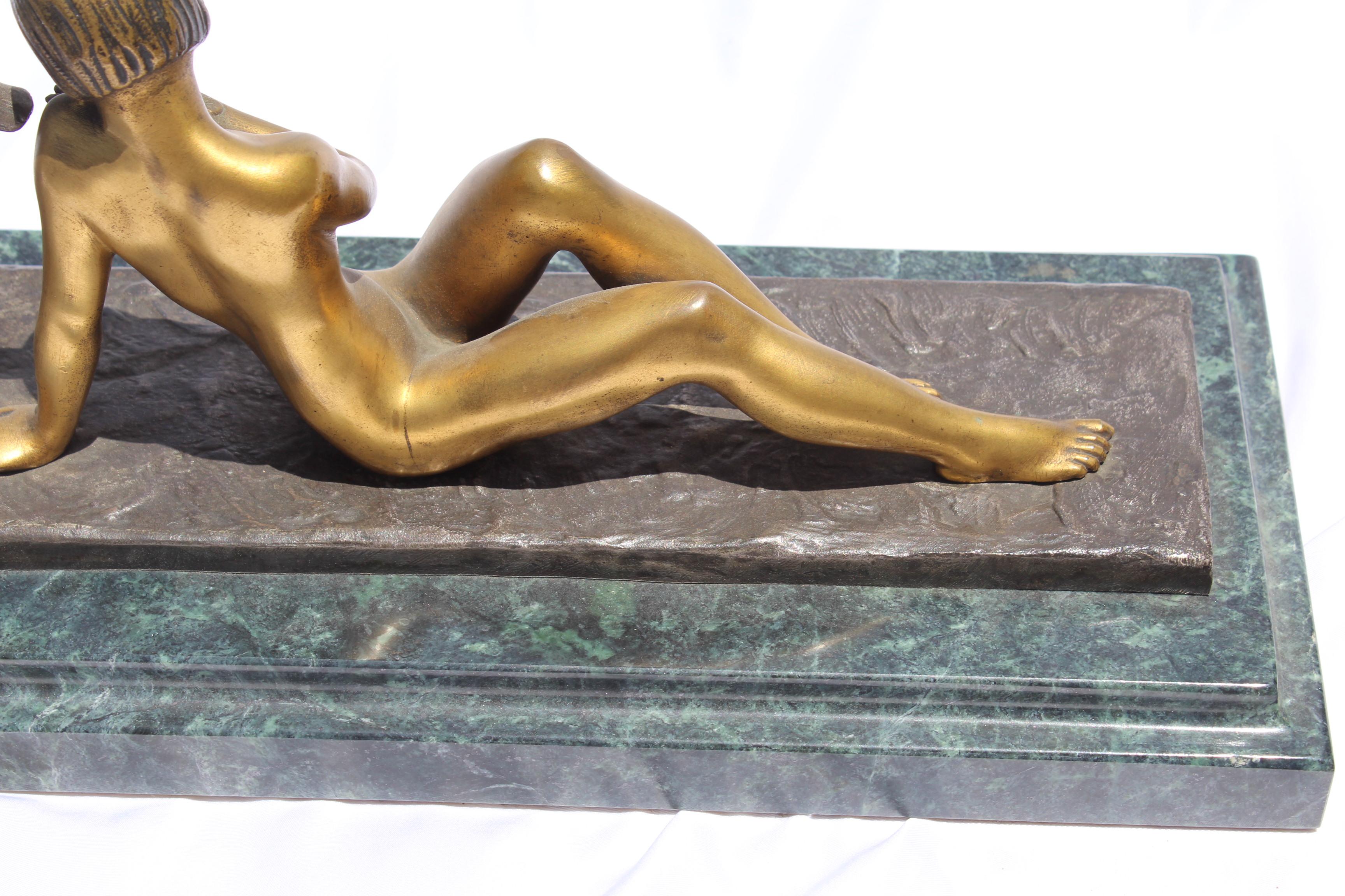 Art Deco Sculpture Nude Girl with Goat Gold Patina Signed Renaud In Good Condition In Los Angeles, CA