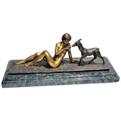 Art Deco Sculpture Nude Girl with Goat Gold Patina Signed Renaud