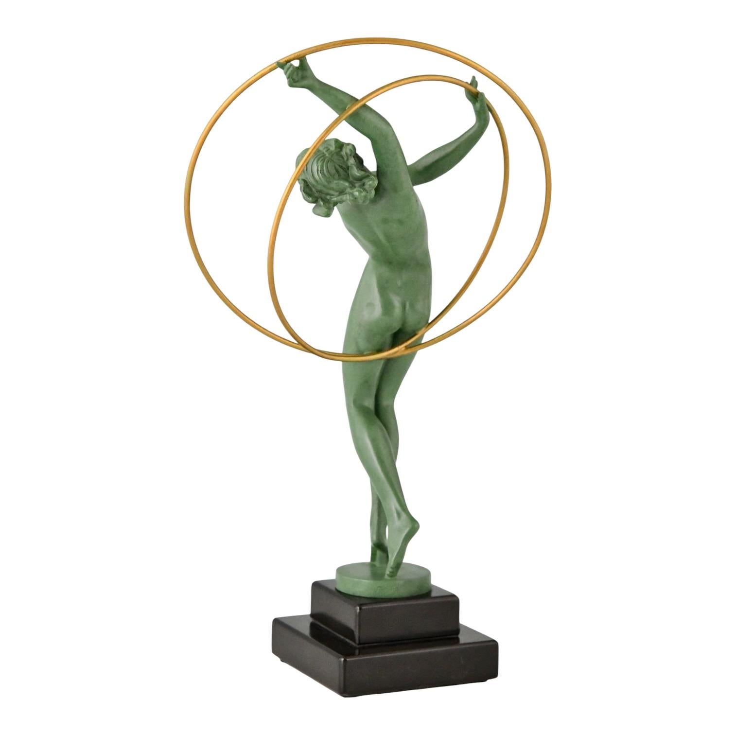 French Art Deco Sculpture Nude Hoop Dancer ILLUSION by Fayral for Max Le Verrier For Sale