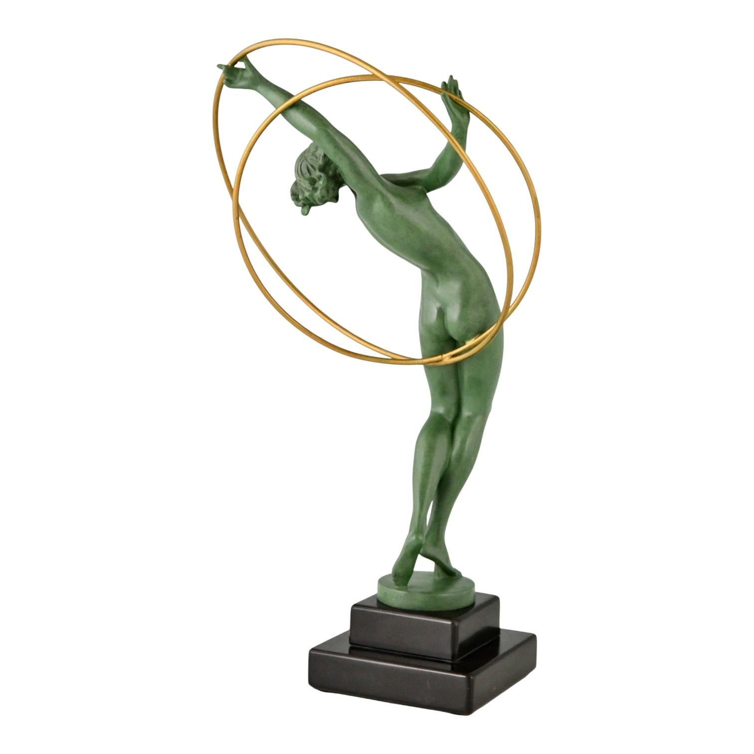 Patinated Art Deco Sculpture Nude Hoop Dancer ILLUSION by Fayral for Max Le Verrier For Sale