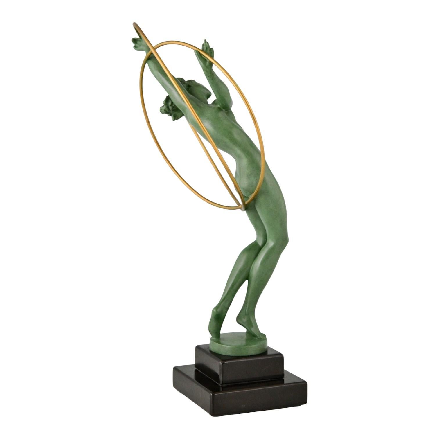 Art Deco Sculpture Nude Hoop Dancer ILLUSION by Fayral for Max Le Verrier In Good Condition For Sale In Antwerp, BE