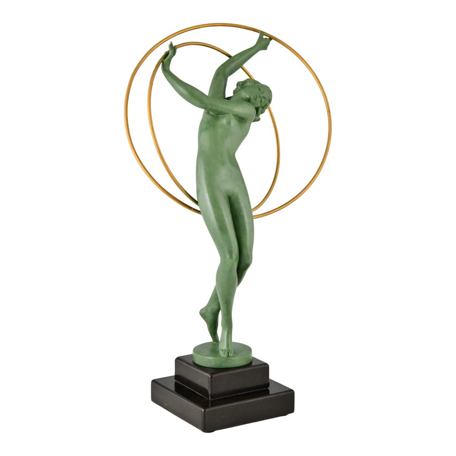 Metal Art Deco Sculpture Nude Hoop Dancer ILLUSION by Fayral for Max Le Verrier For Sale