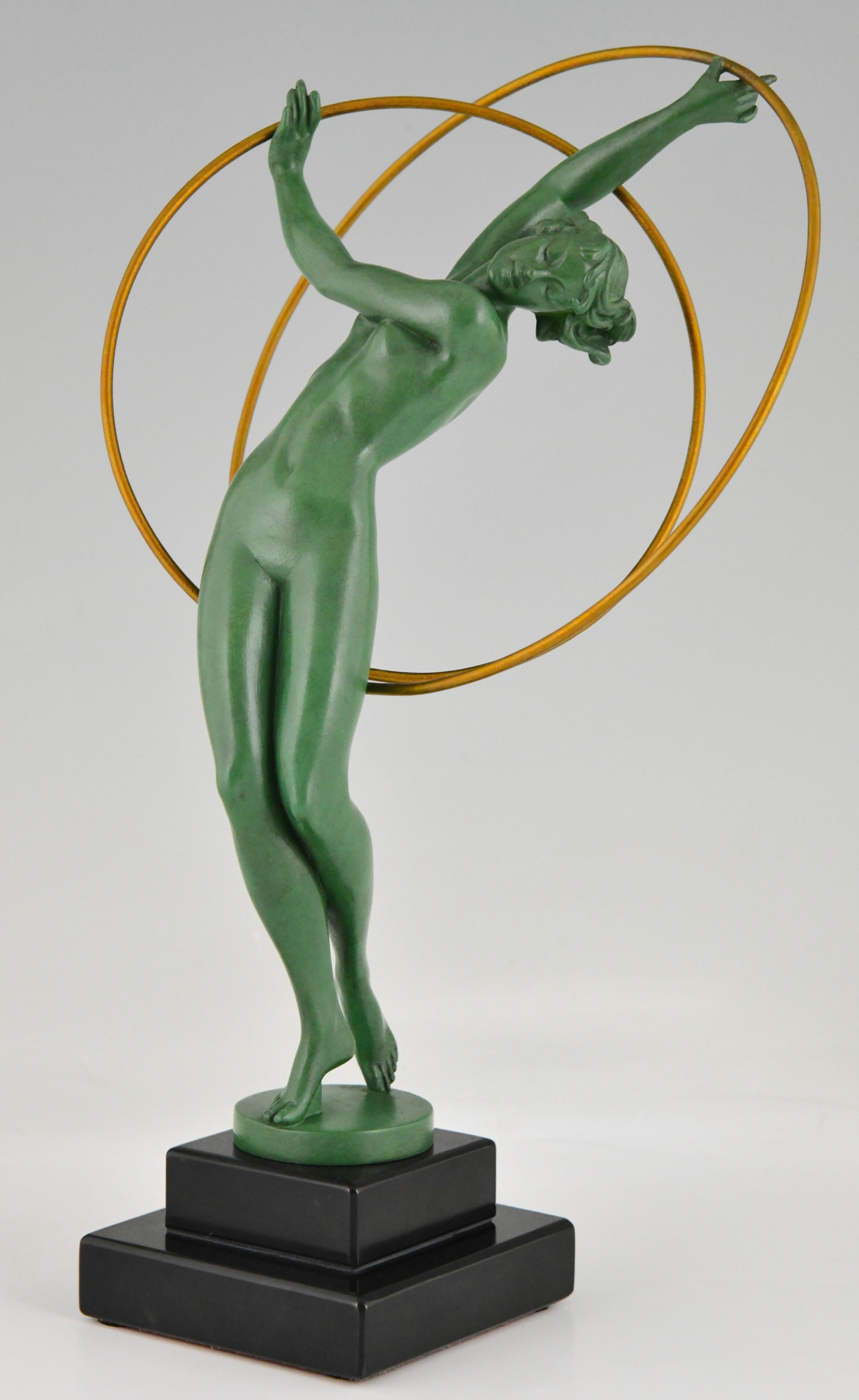 Patinated Art Deco Sculpture Nude Hoop Dancer Signed by Fayral, Pierre Le Faguays 1930