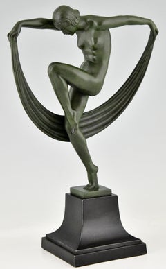 Art Deco Sculpture Nude Scarf Dancer Folie Denis for Max Le Verrier France, 1930