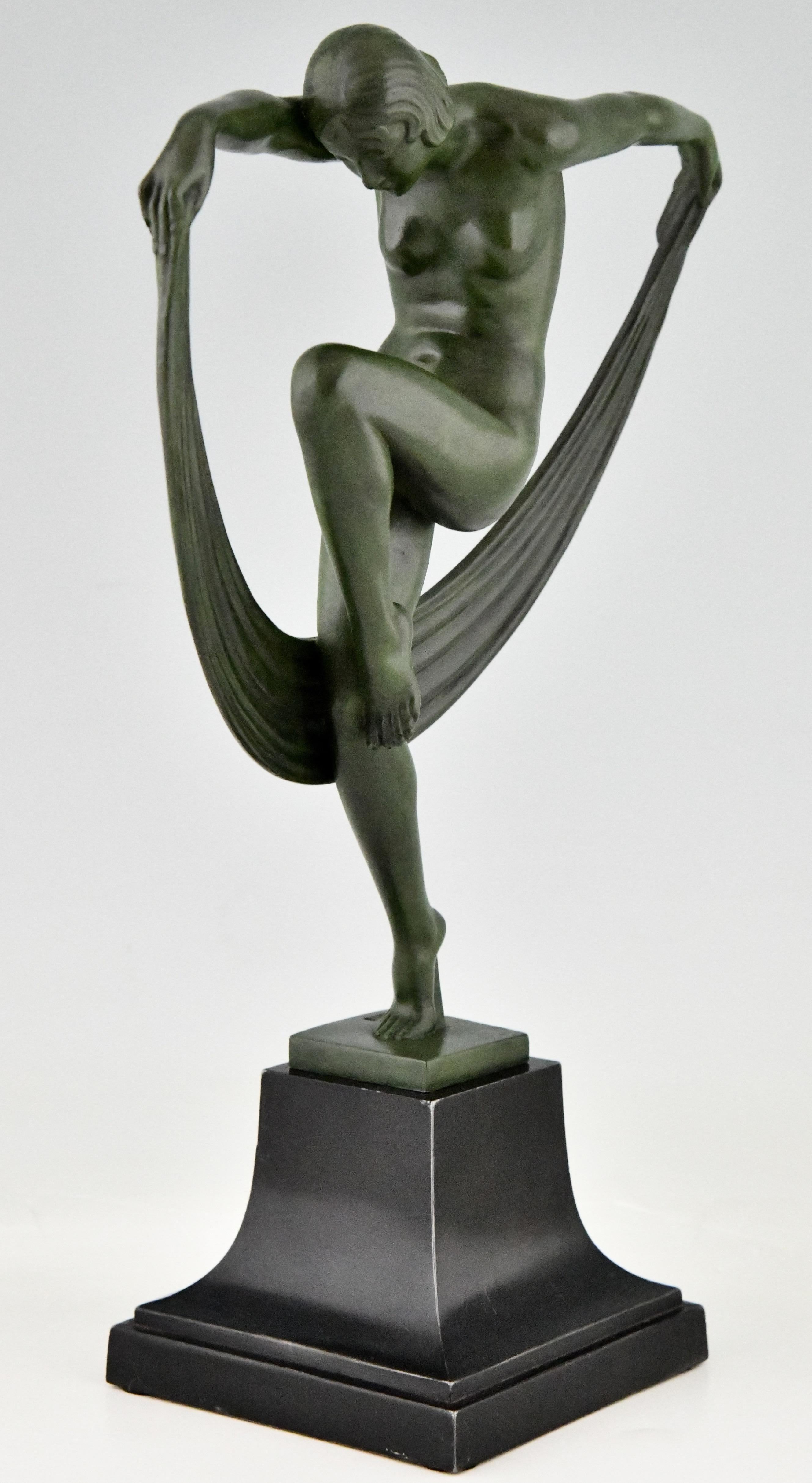 French Art Deco Sculpture Nude Scarf Dancer Folie Denis for Max Le Verrier France, 1930