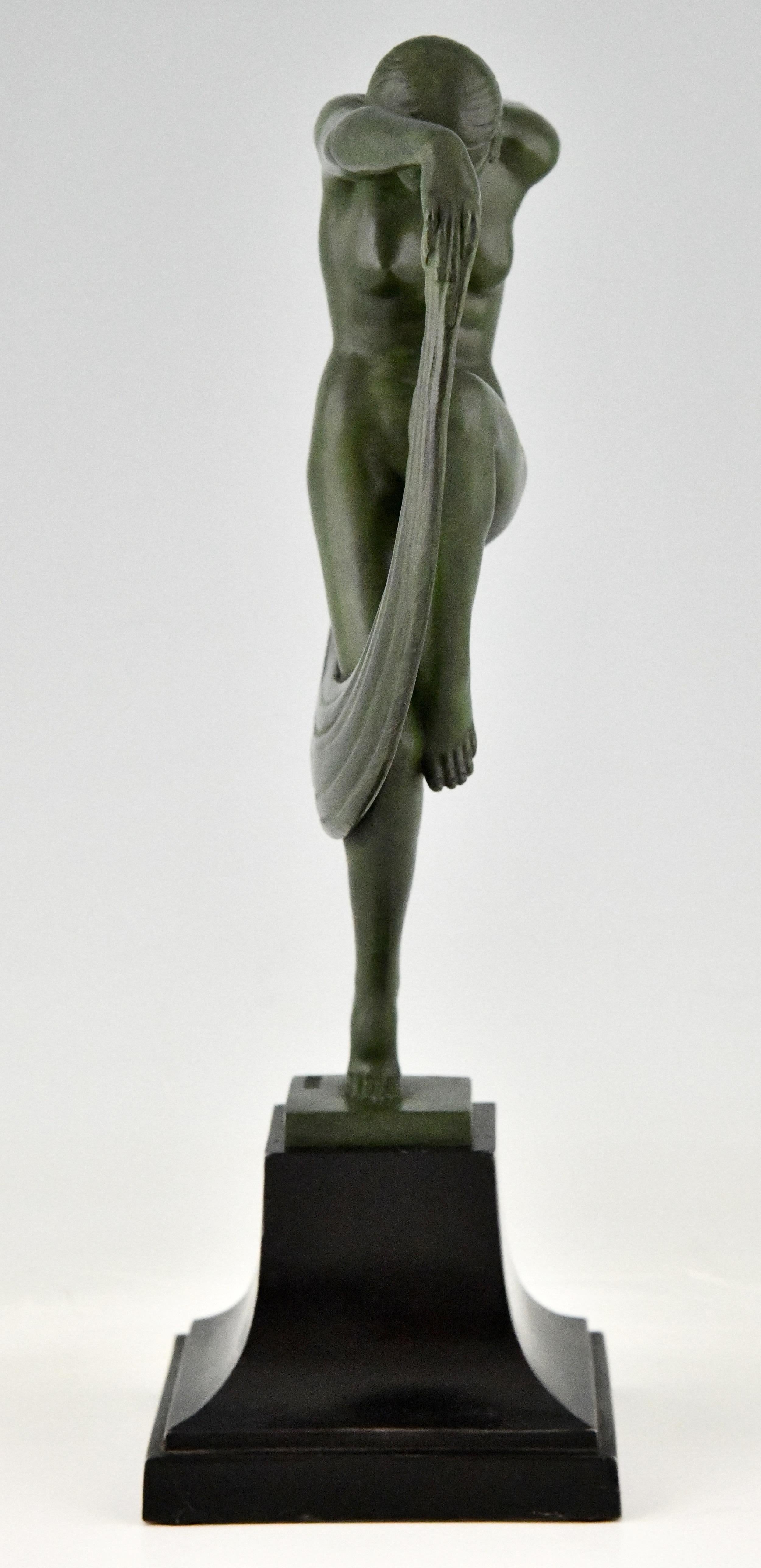 Patinated Art Deco Sculpture Nude Scarf Dancer Folie Denis for Max Le Verrier France, 1930
