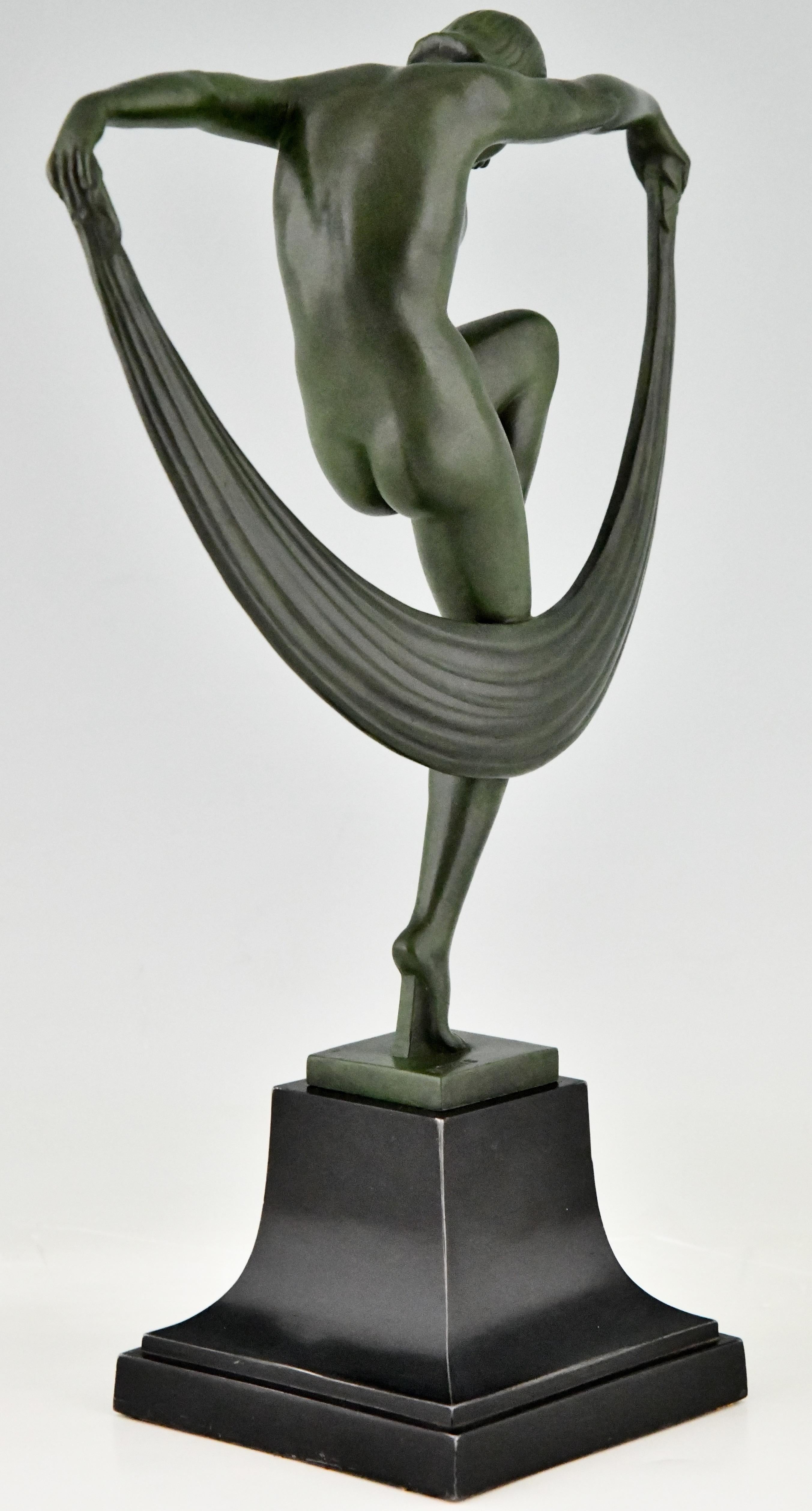 Metal Art Deco Sculpture Nude Scarf Dancer Folie Denis for Max Le Verrier France, 1930