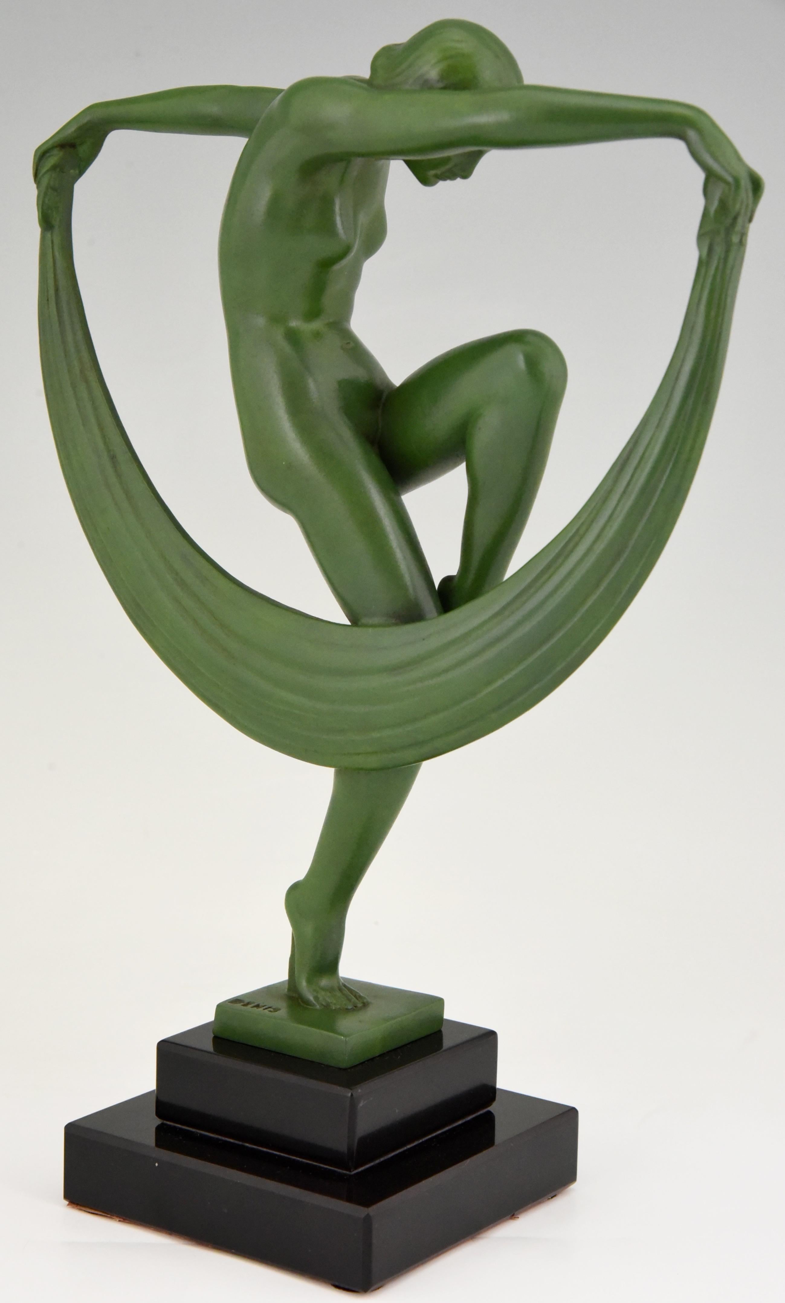 Patinated Art Deco Sculpture Nude Scarf Dancer Folie Denis, France, 1930